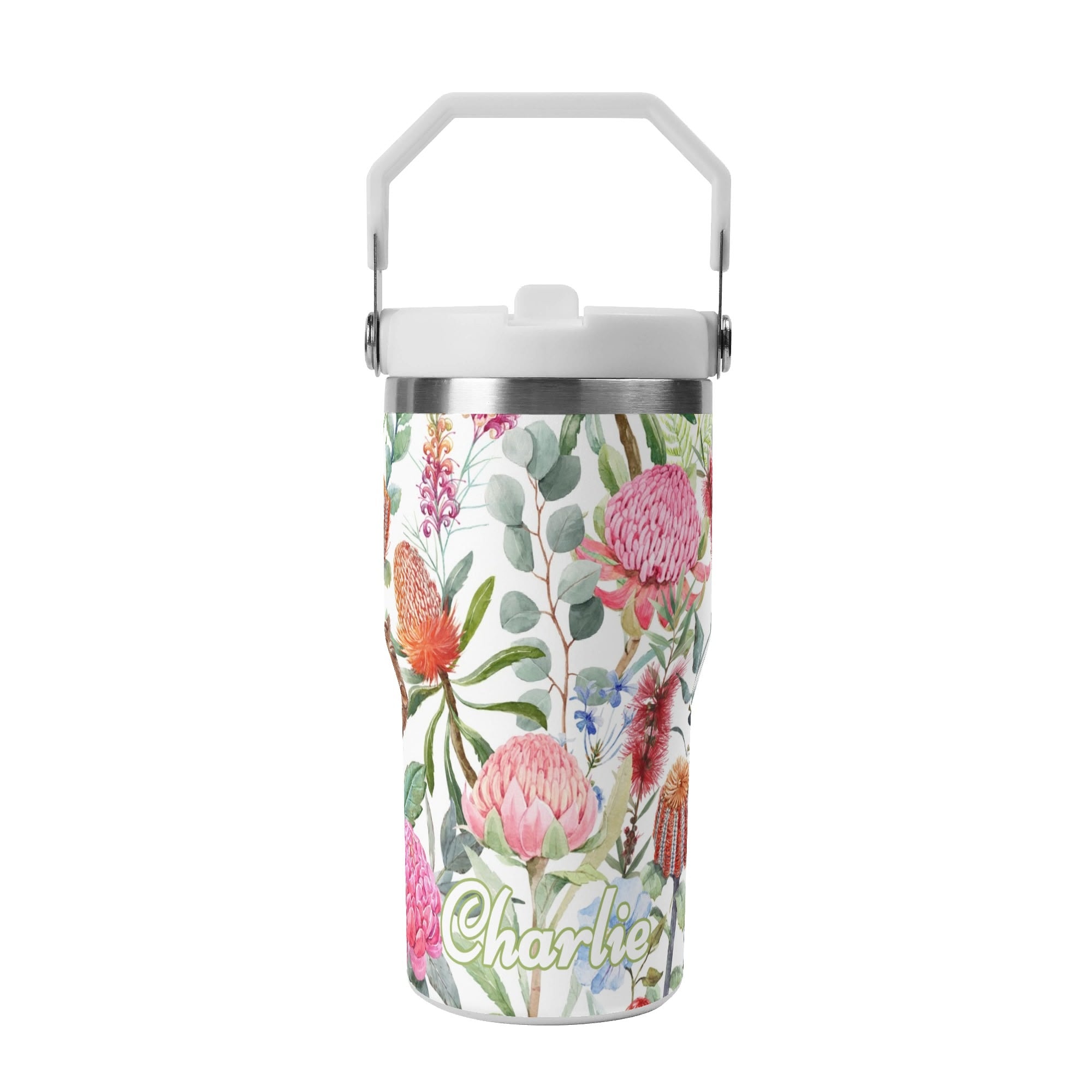 Personalised Australian Flowers 20oz Stainless Steel Tumbler Screw On Lid With Straw Default Title Personalised 20oz Tumbler with Top Handle Plants Printed Offshore