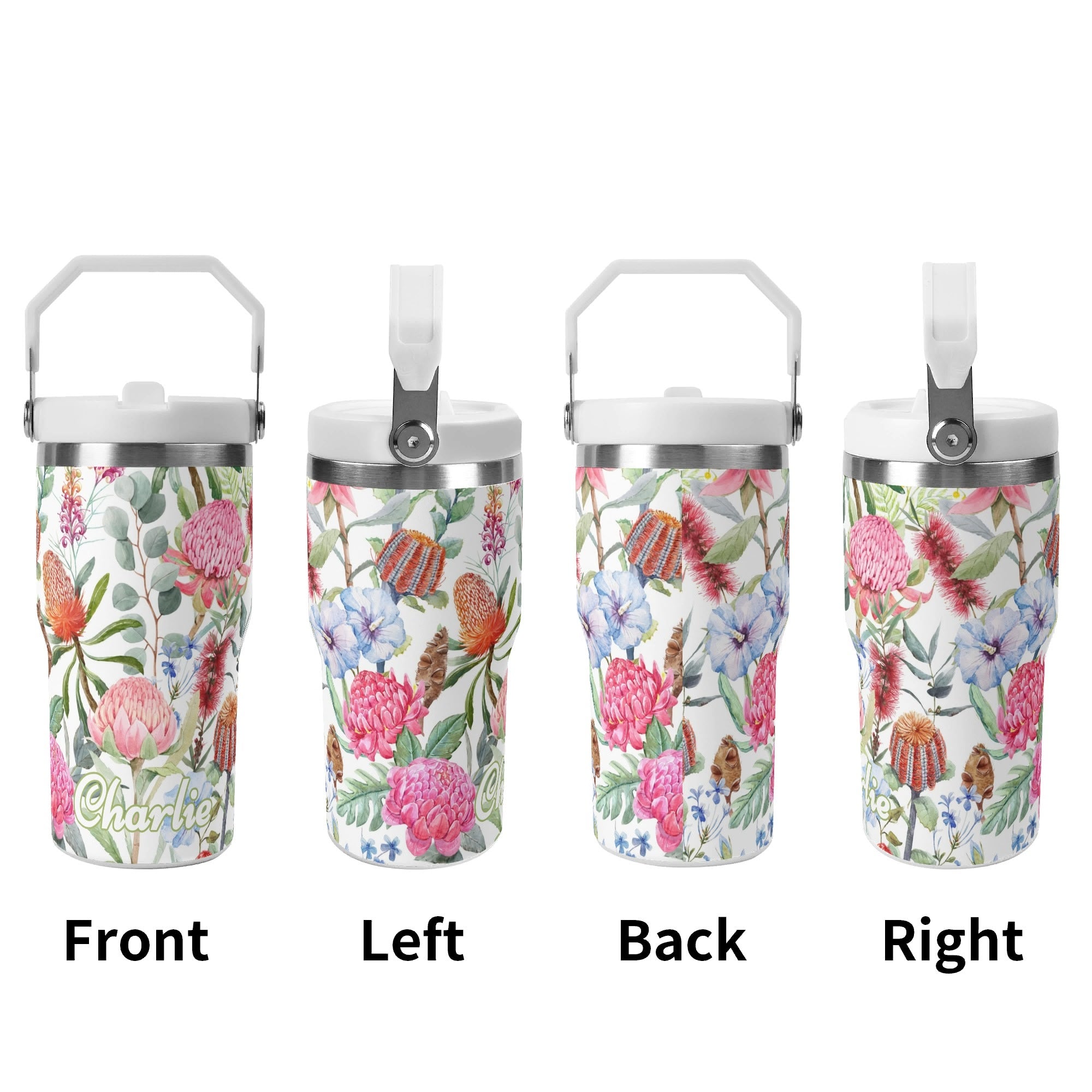 Personalised Australian Flowers 20oz Stainless Steel Tumbler Screw On Lid With Straw Personalised 20oz Tumbler with Top Handle Plants Printed Offshore