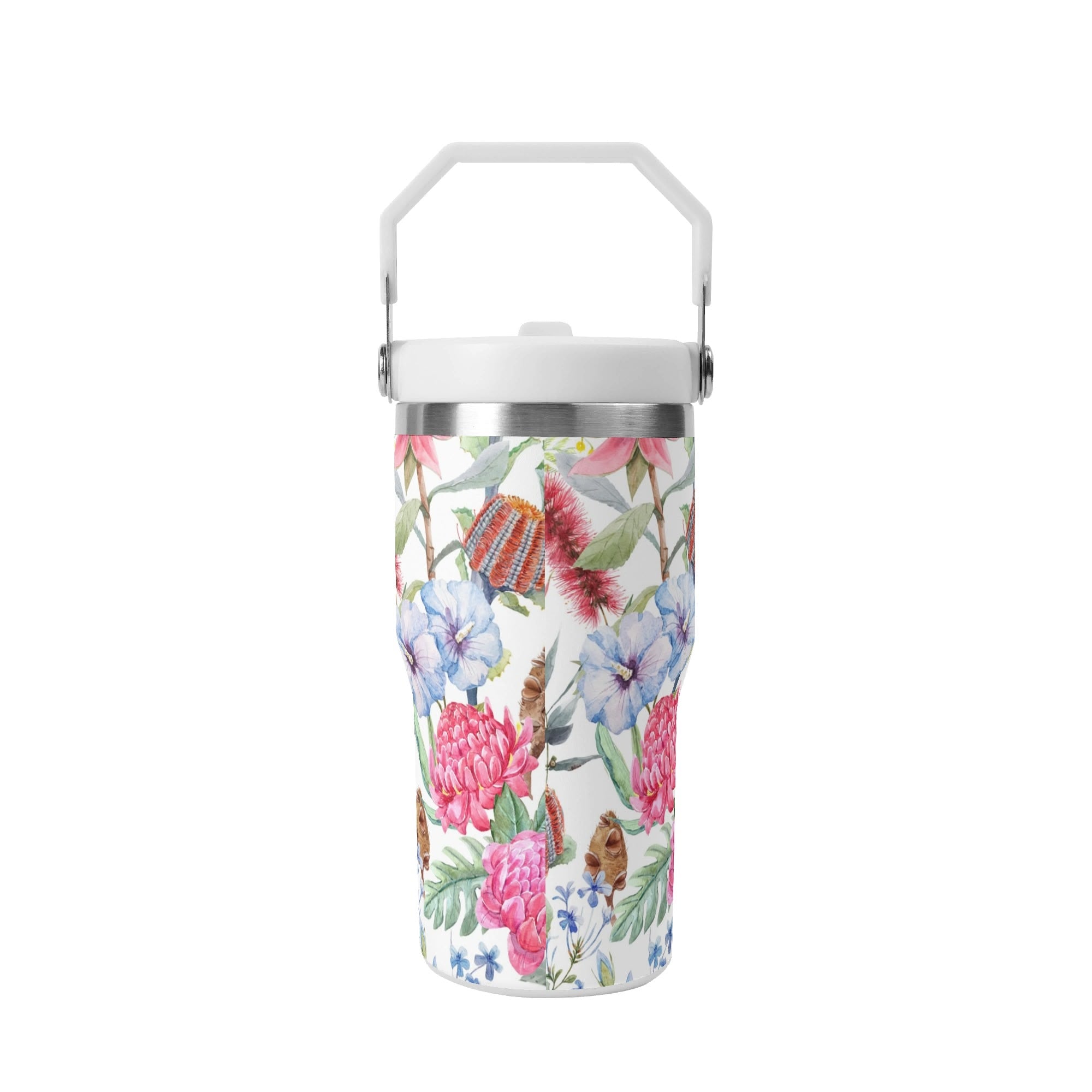 Personalised Australian Flowers 20oz Stainless Steel Tumbler Screw On Lid With Straw Personalised 20oz Tumbler with Top Handle Plants Printed Offshore