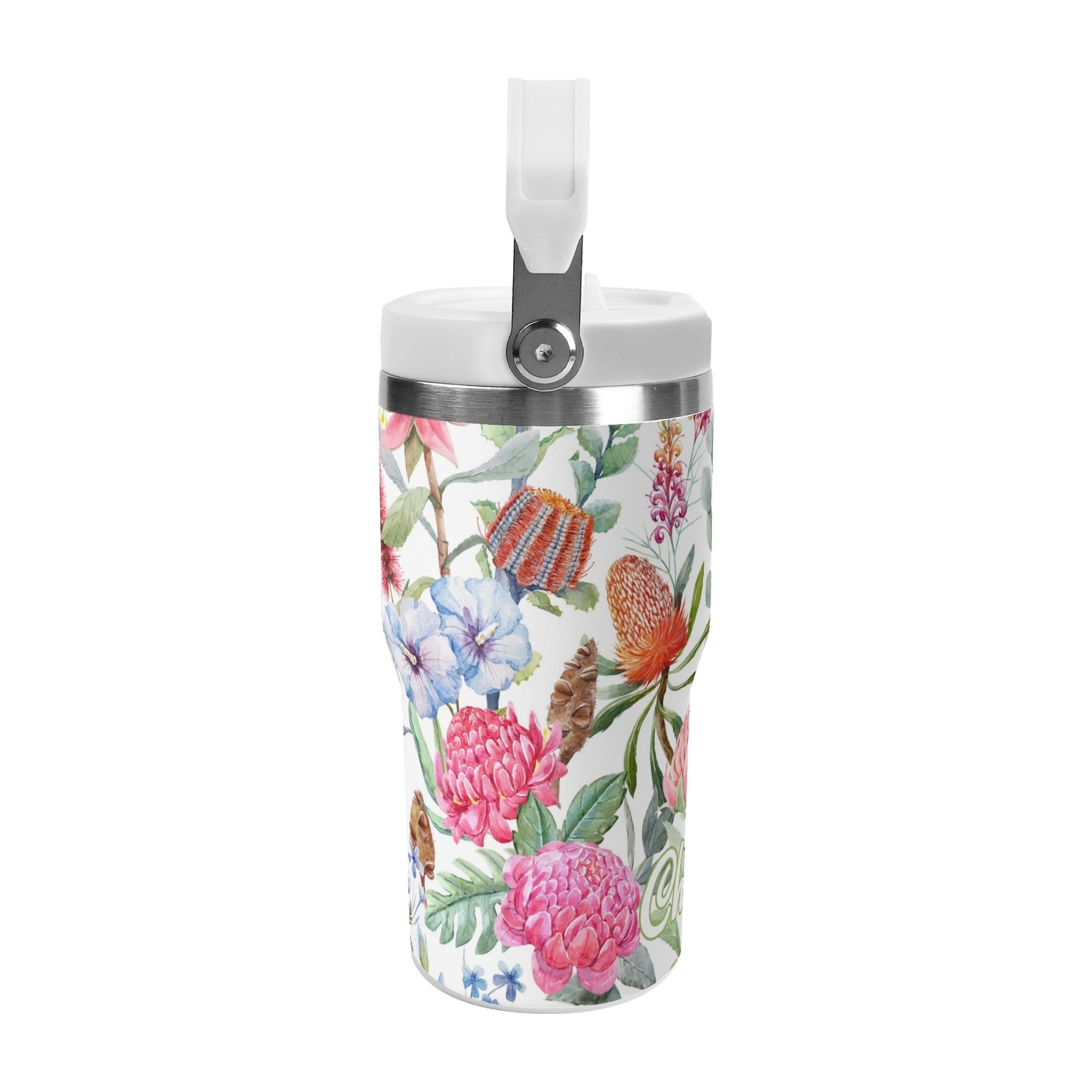 Personalised Australian Flowers 20oz Stainless Steel Tumbler Screw On Lid With Straw Personalised 20oz Tumbler with Top Handle Plants Printed Offshore