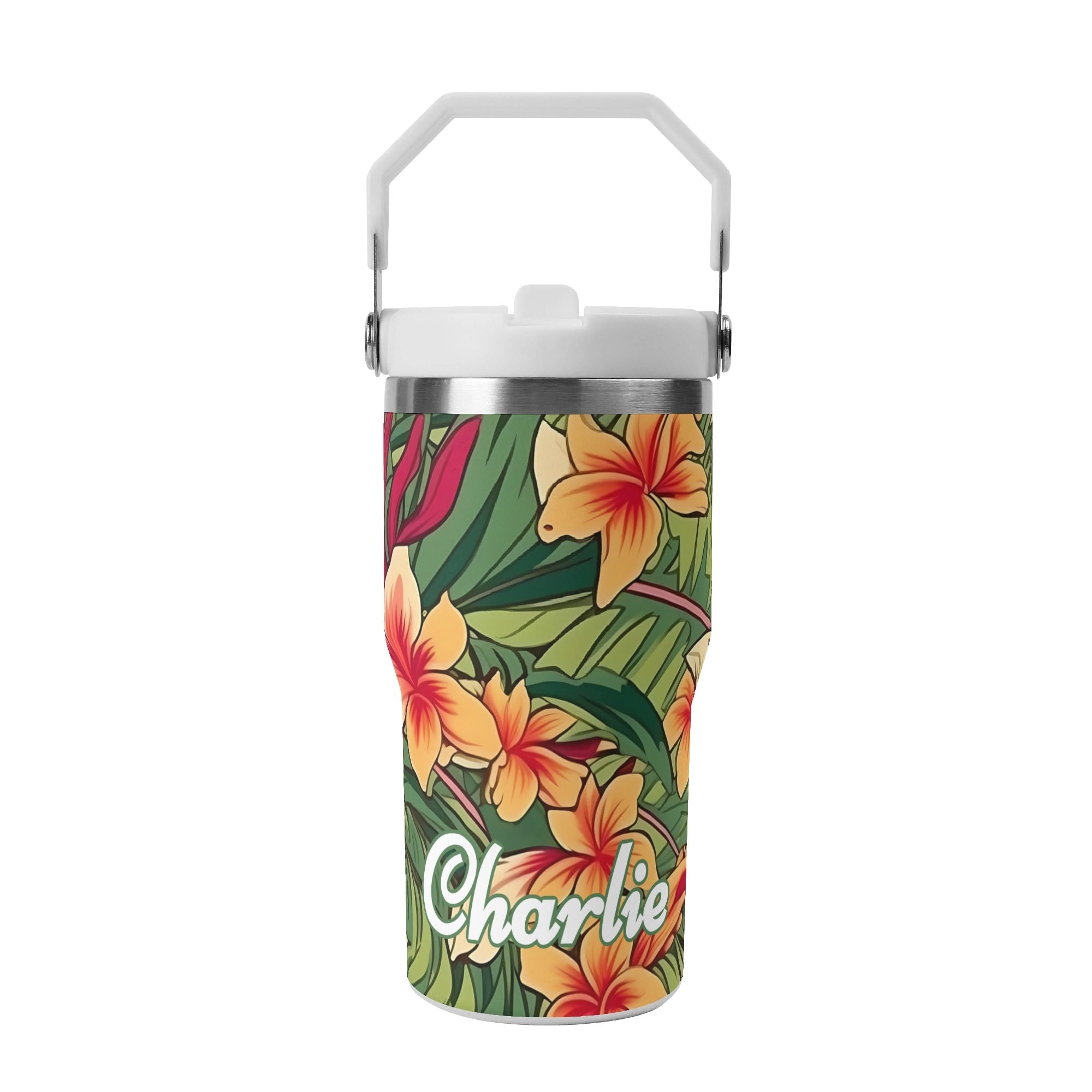 Personalised Vintage Hawaiian Floral 20oz Stainless Steel Tumbler Screw On Lid With Straw Default Title Personalised 20oz Tumbler with Top Handle Plants Printed Offshore