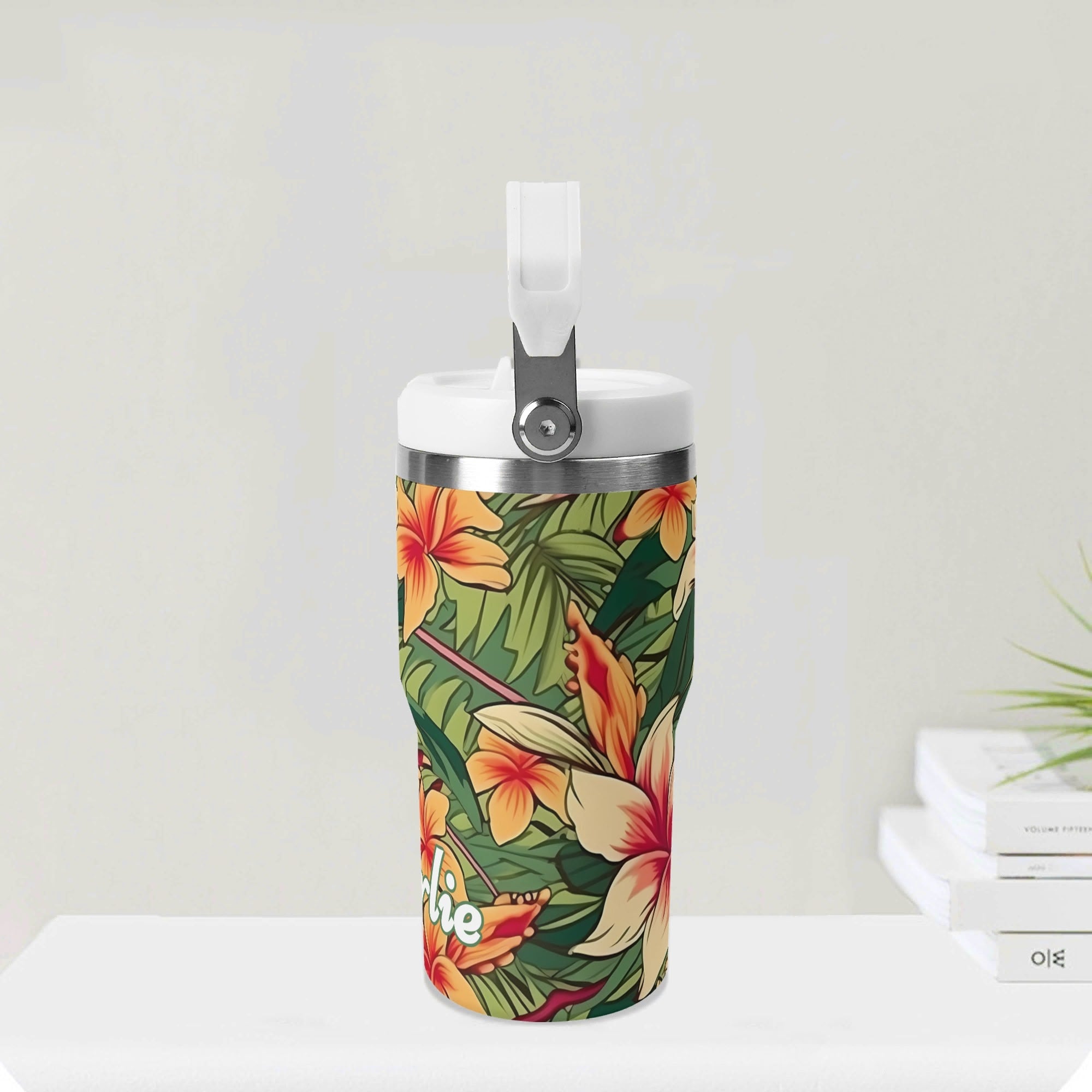 Personalised Vintage Hawaiian Floral 20oz Stainless Steel Tumbler Screw On Lid With Straw Personalised 20oz Tumbler with Top Handle Plants Printed Offshore
