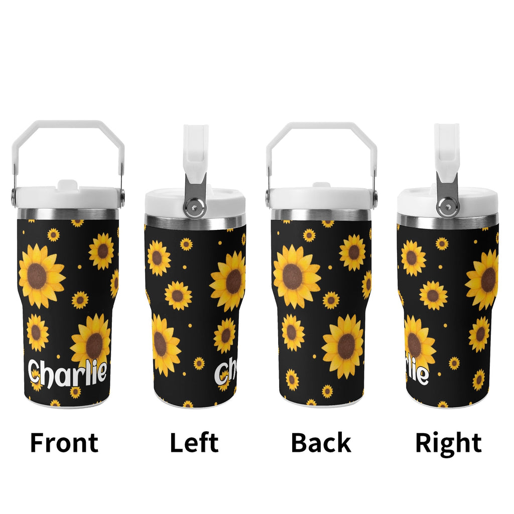 Personalised Sunflowers On Black 20oz Stainless Steel Tumbler Screw On Lid With Straw Personalised 20oz Tumbler with Top Handle Plants Printed Offshore