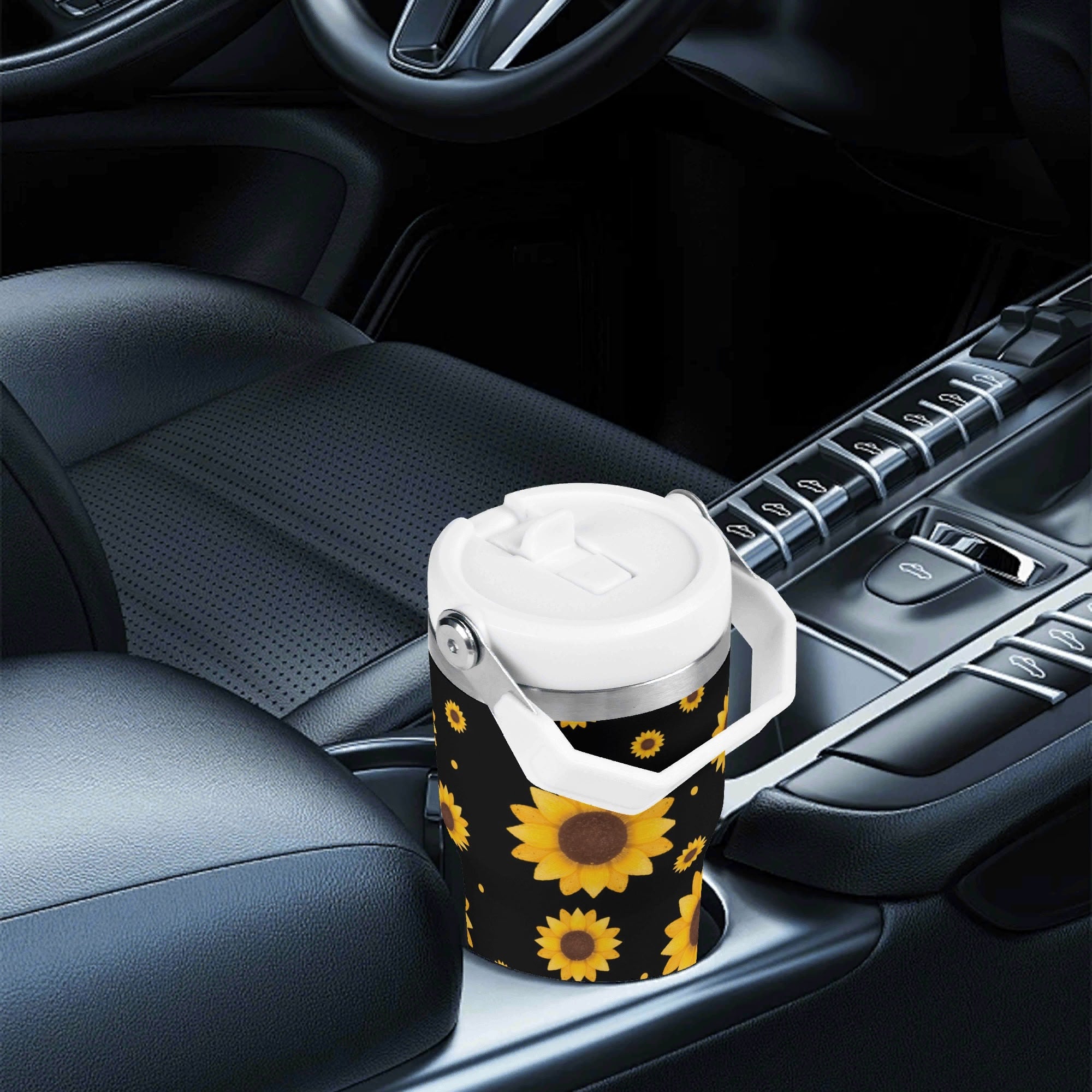 Personalised Sunflowers On Black 20oz Stainless Steel Tumbler Screw On Lid With Straw Personalised 20oz Tumbler with Top Handle Plants Printed Offshore