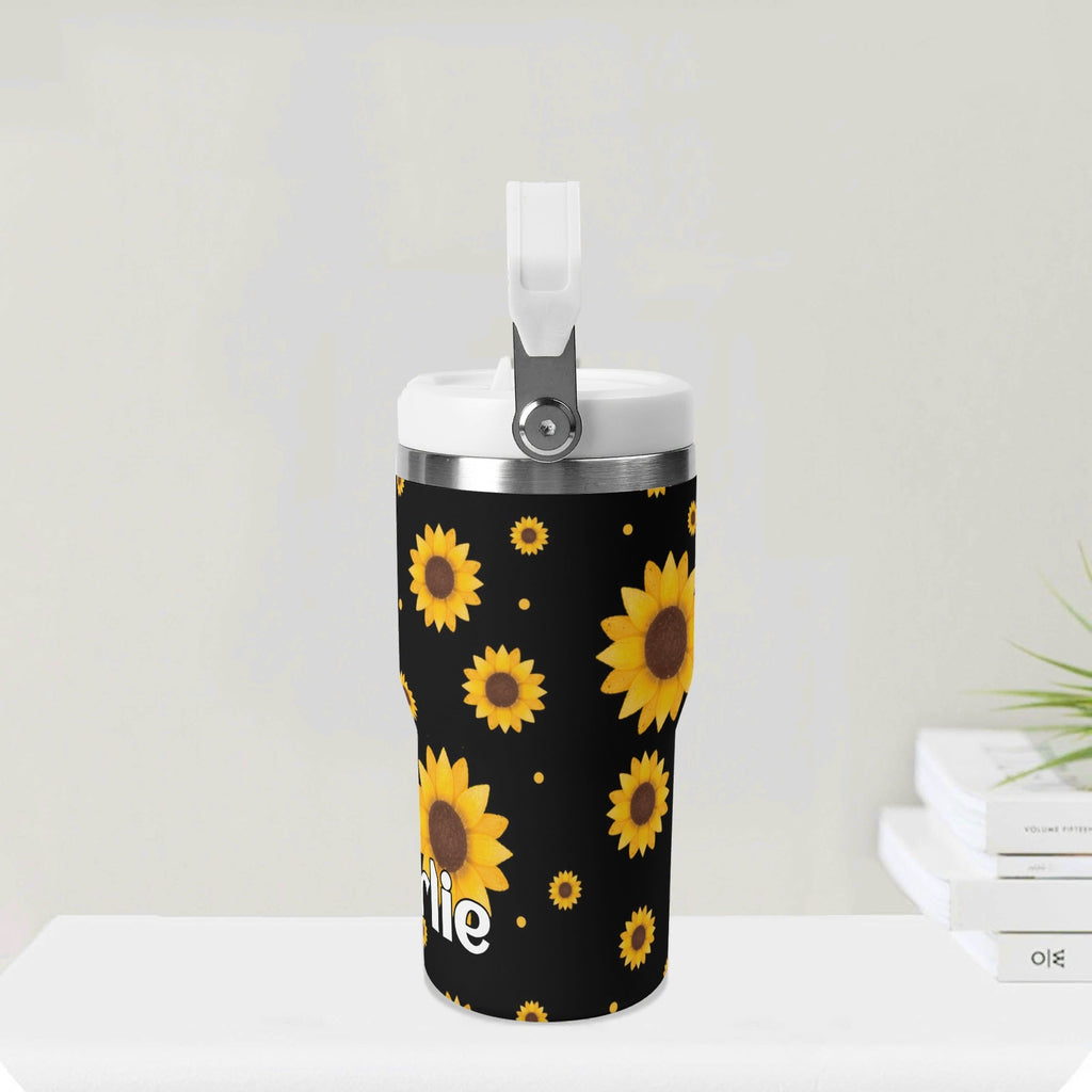 Personalised Sunflowers On Black 20oz Stainless Steel Tumbler Screw On Lid With Straw Personalised 20oz Tumbler with Top Handle Plants Printed Offshore