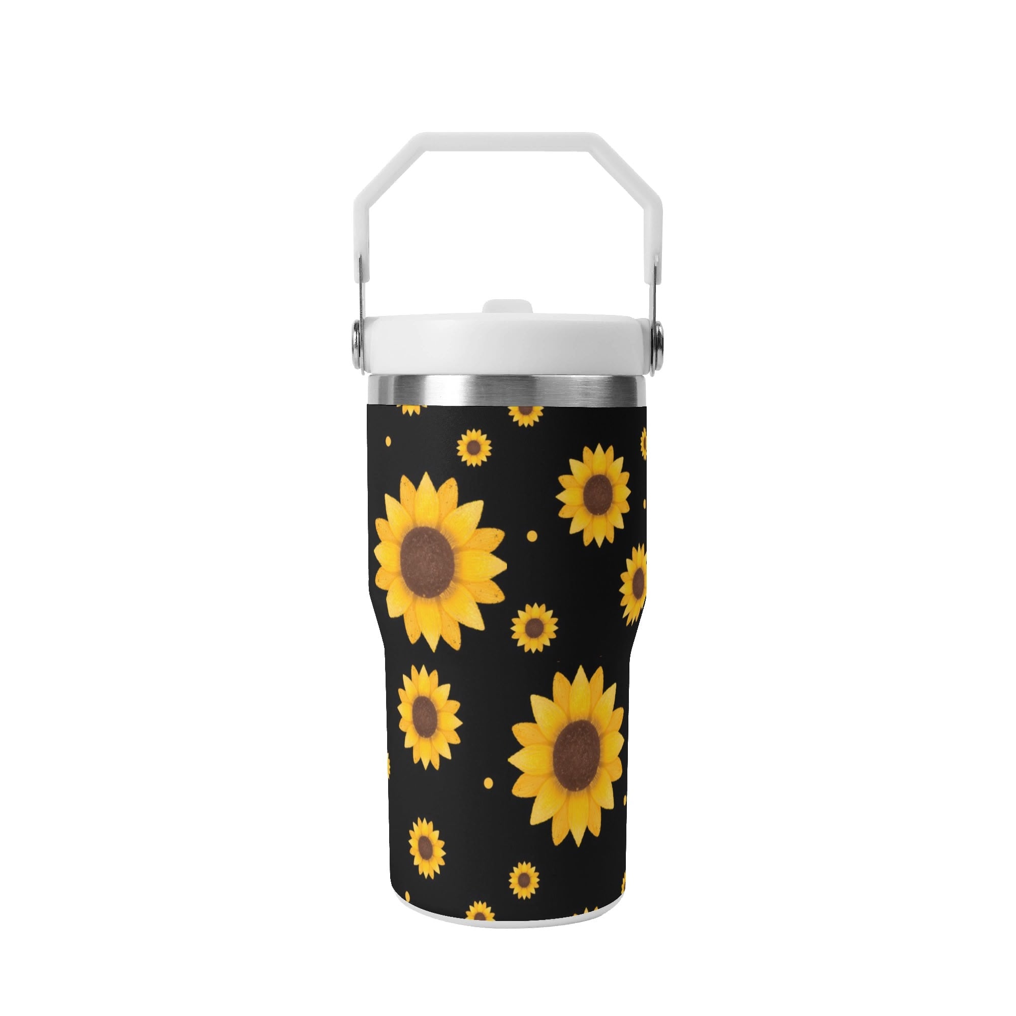 Personalised Sunflowers On Black 20oz Stainless Steel Tumbler Screw On Lid With Straw Personalised 20oz Tumbler with Top Handle Plants Printed Offshore