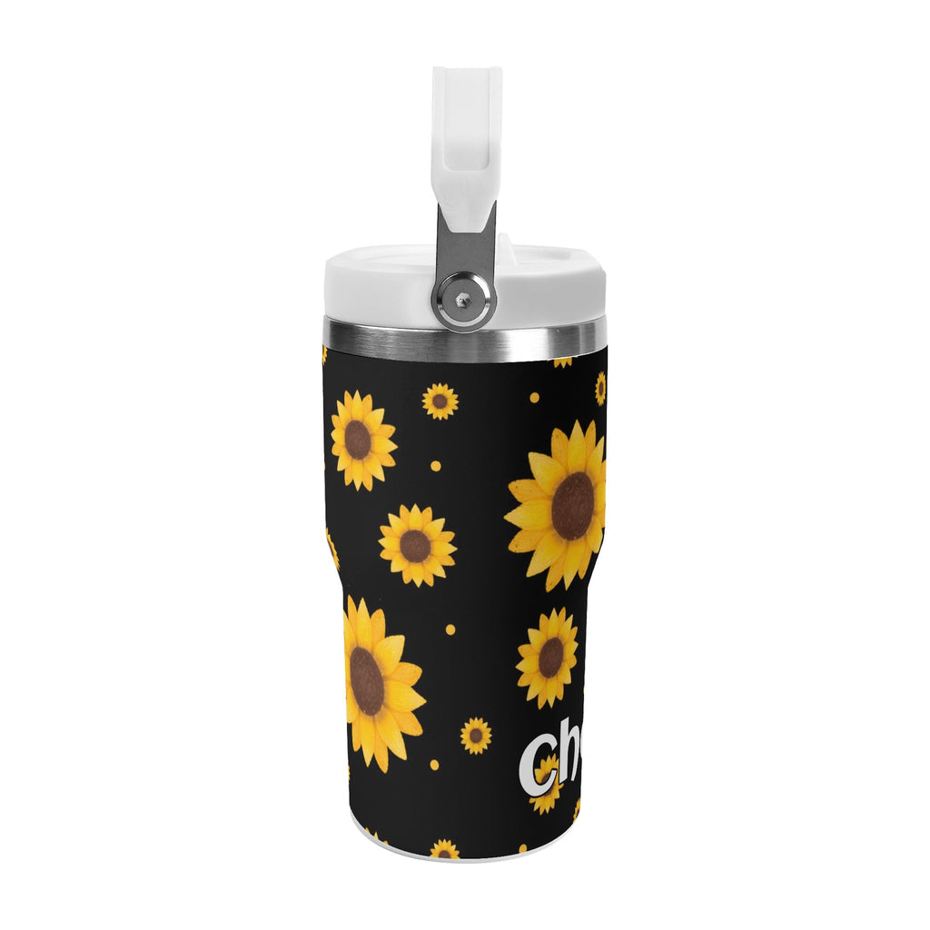 Personalised Sunflowers On Black 20oz Stainless Steel Tumbler Screw On Lid With Straw Personalised 20oz Tumbler with Top Handle Plants Printed Offshore