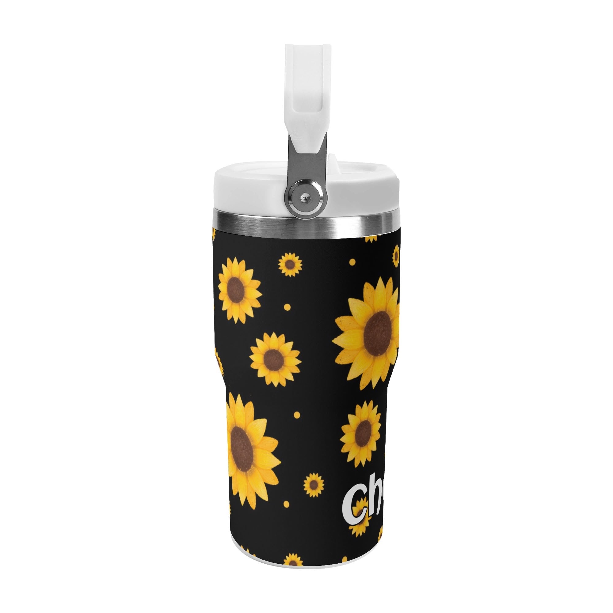 Personalised Sunflowers On Black 20oz Stainless Steel Tumbler Screw On Lid With Straw Personalised 20oz Tumbler with Top Handle Plants Printed Offshore