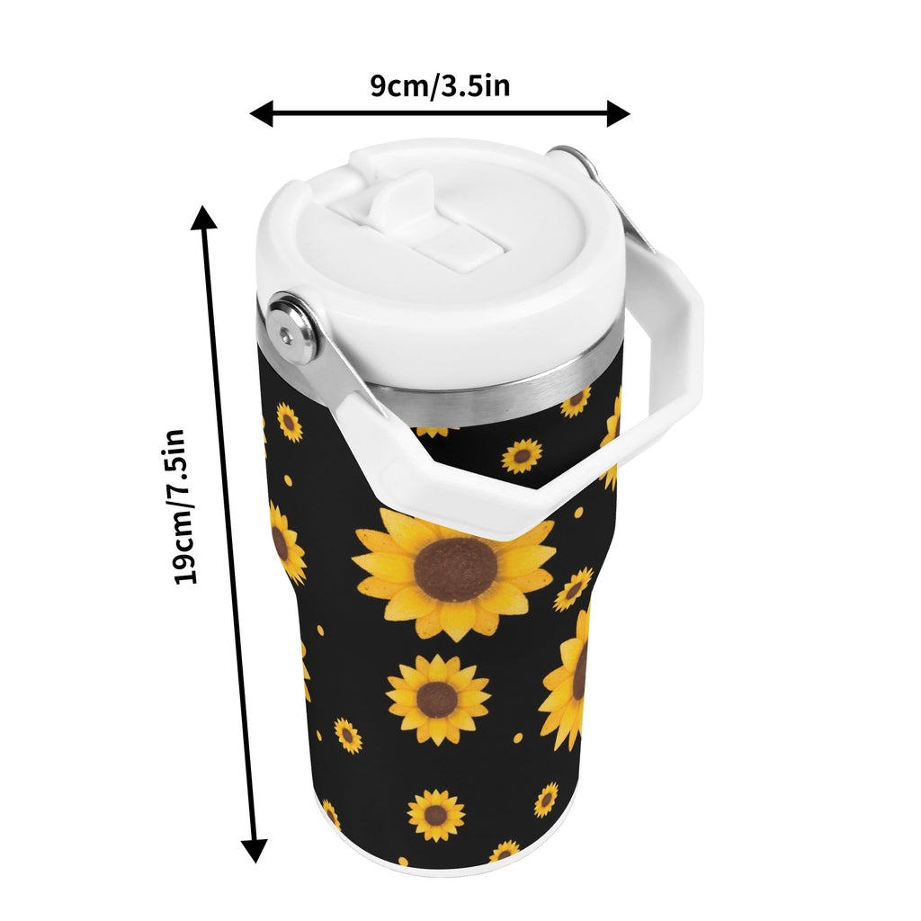 Personalised Sunflowers On Black 20oz Stainless Steel Tumbler Screw On Lid With Straw Personalised 20oz Tumbler with Top Handle Plants Printed Offshore