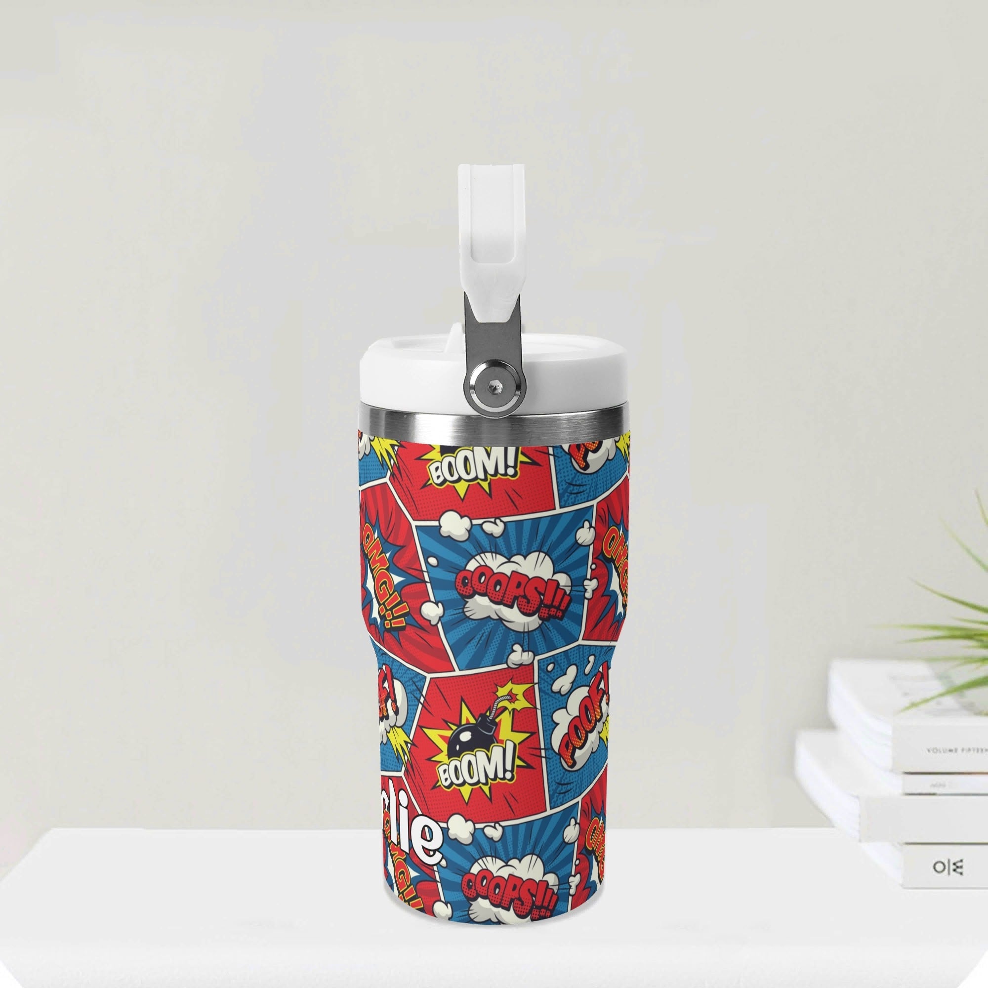 Personalised Comic Book Pop 20oz Stainless Steel Tumbler Screw On Lid With Straw Personalised 20oz Tumbler with Top Handle comic Printed Offshore