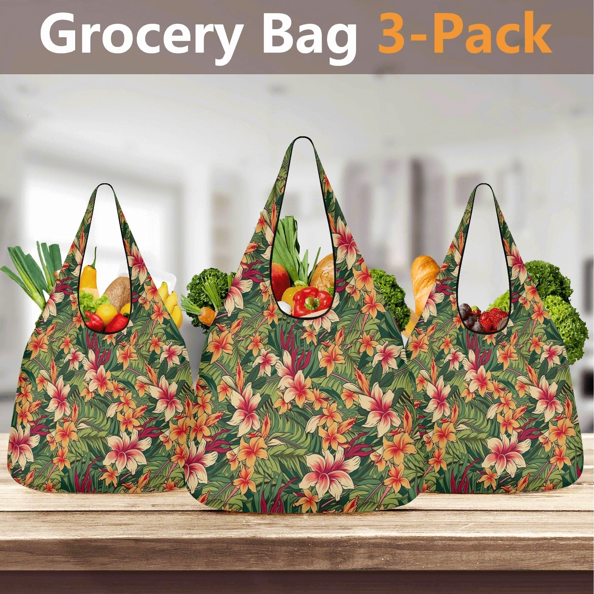 Vintage Hawaiian Floral 3 Pack of Foldable Shopping Bags 3-Pack Shopping Bags Plants Printed Offshore