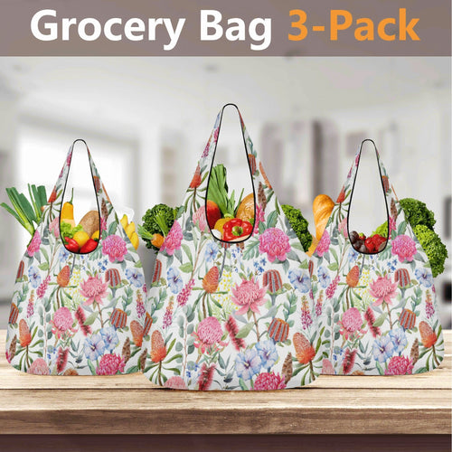 Australian Flowers 3 Pack of Foldable Shopping Bags 3-Pack Shopping Bags Plants Printed Offshore