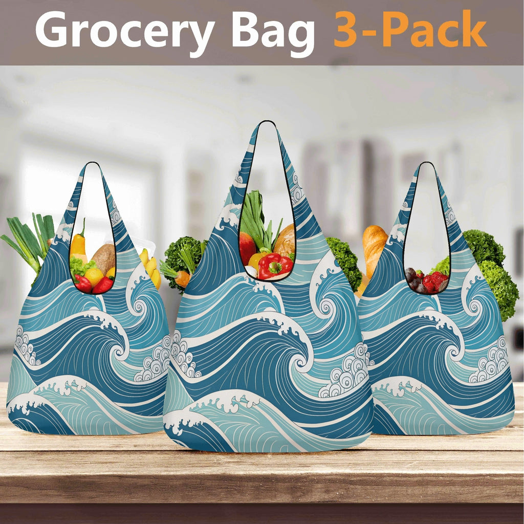 Ocean Waves 3 Pack of Foldable Shopping Bags 3-Pack Shopping Bags Ocean Printed Offshore