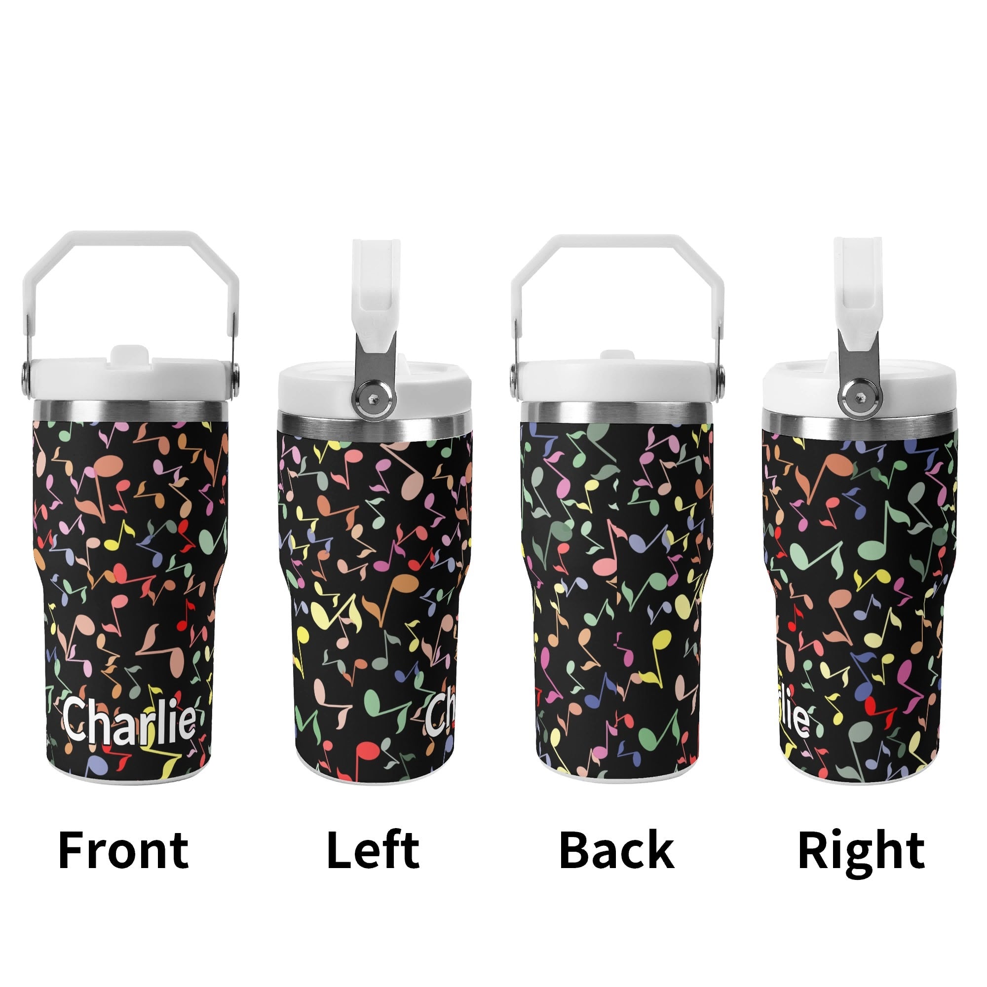 Personalised Colourful Music Notes, Quavers 20oz Stainless Steel Tumbler Screw On Lid With Straw Personalised 20oz Tumbler with Top Handle Music Printed Offshore