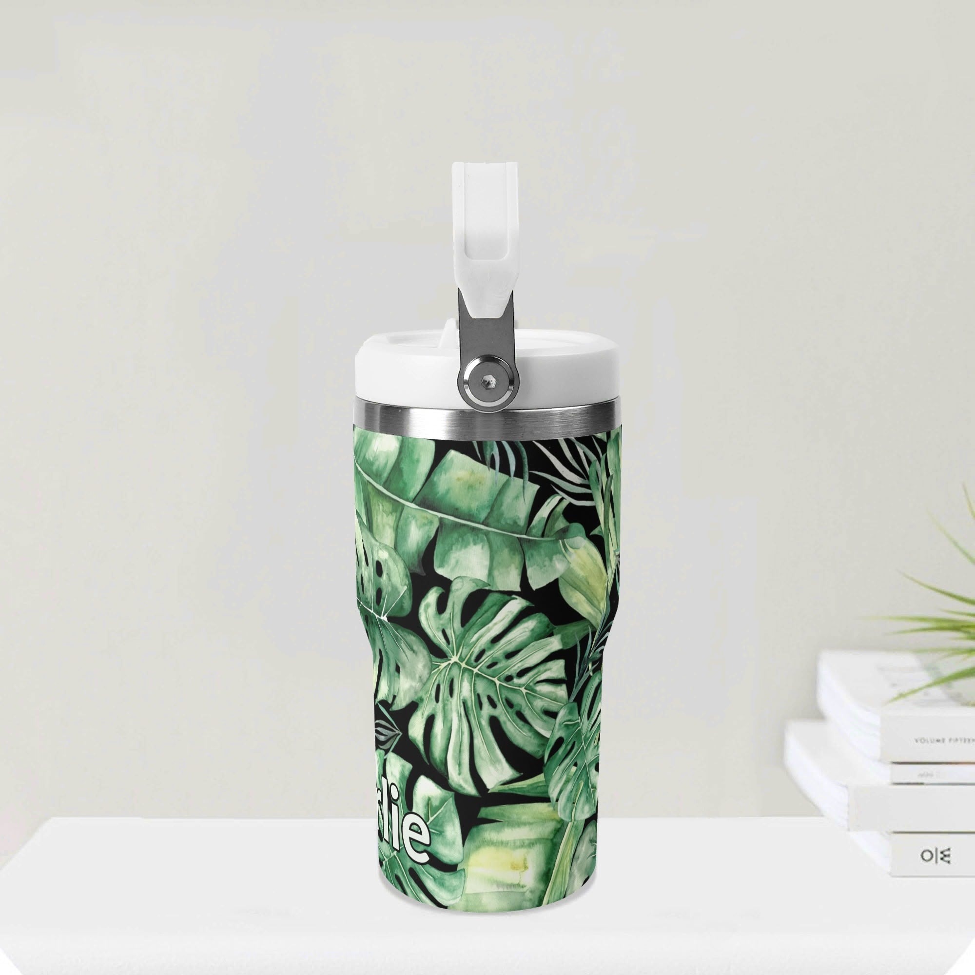 Personalised Jungle Leaves 20oz Stainless Steel Tumbler Screw On Lid With Straw Personalised 20oz Tumbler with Top Handle Plants Printed Offshore