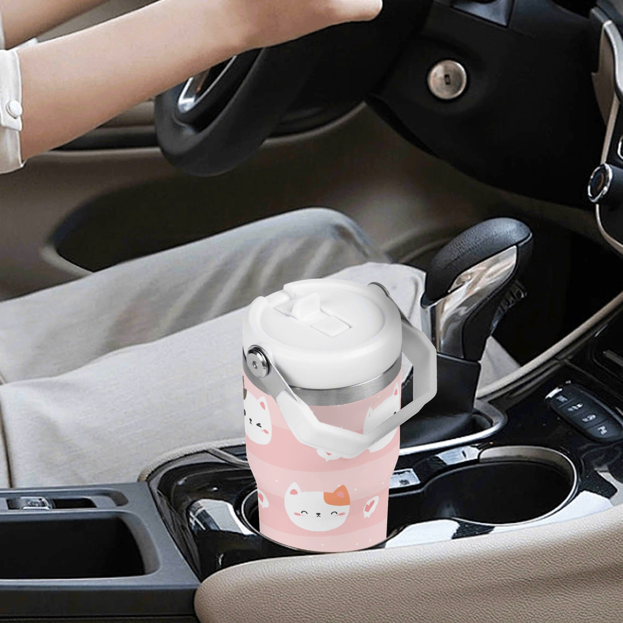 Personalised Pink Cats 20oz Stainless Steel Tumbler Screw On Lid With Straw Personalised 20oz Tumbler with Top Handle animal Printed Offshore