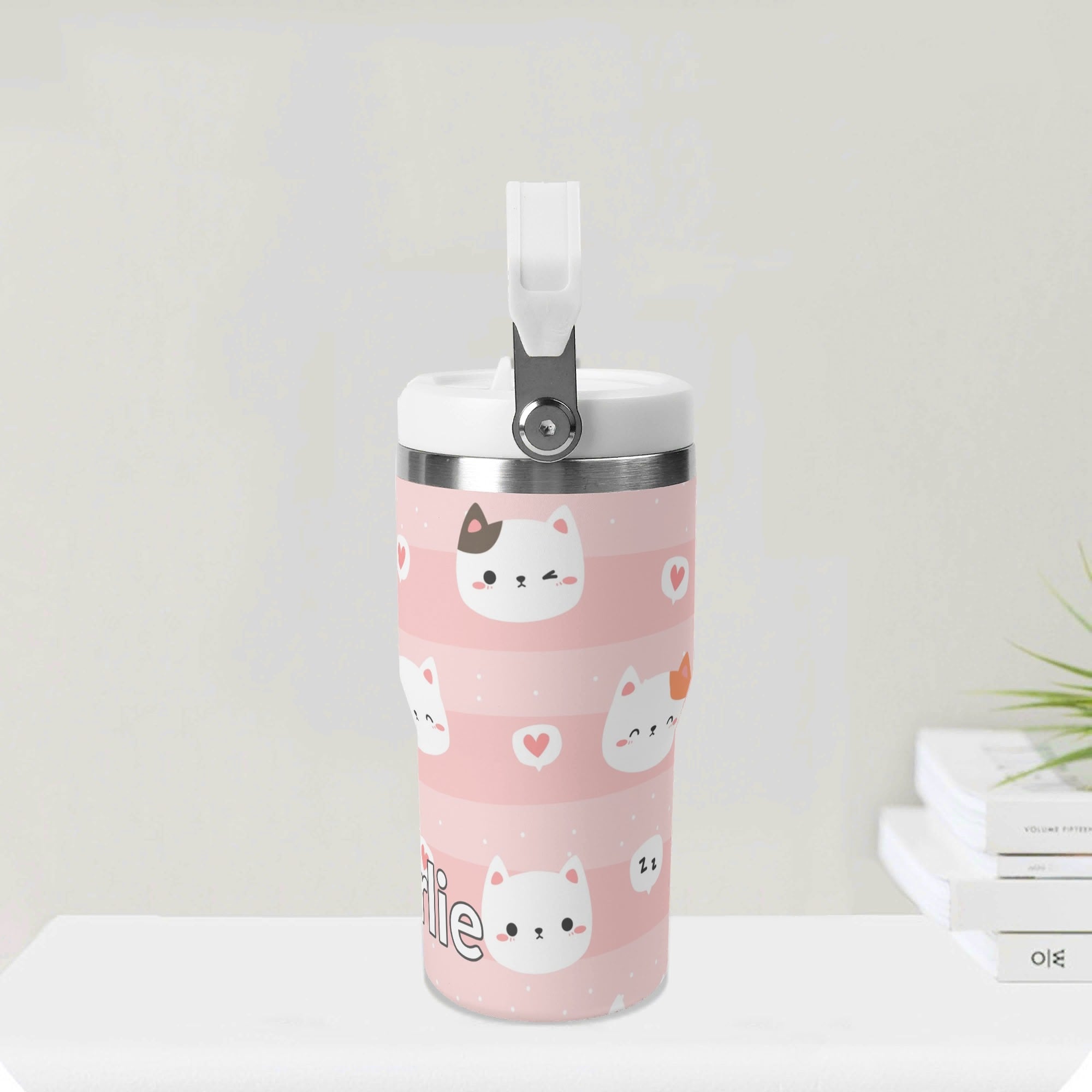 Personalised Pink Cats 20oz Stainless Steel Tumbler Screw On Lid With Straw Personalised 20oz Tumbler with Top Handle animal Printed Offshore