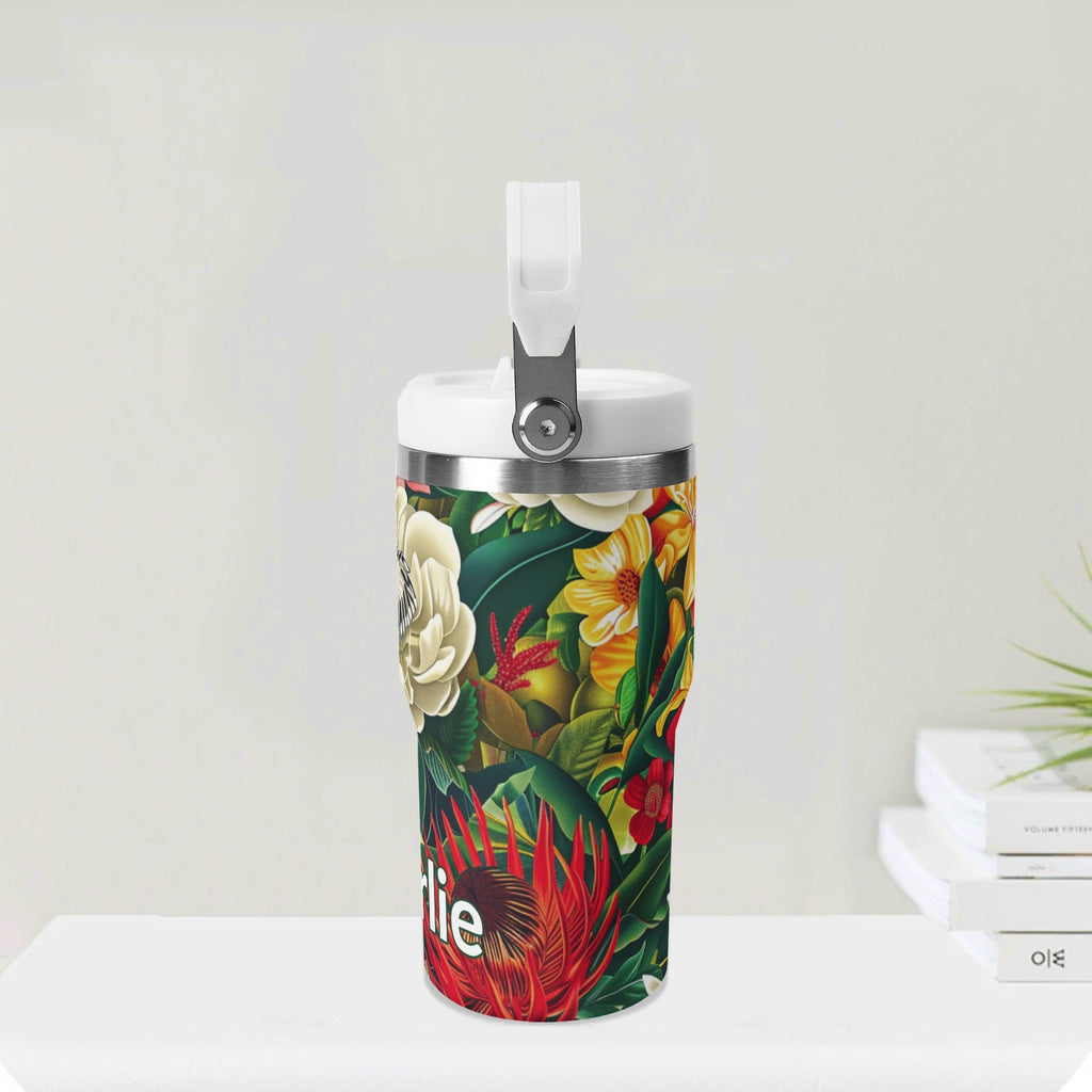 Personalised Native Australian Flowers 20oz Stainless Steel Tumbler Screw On Lid With Straw Personalised 20oz Tumbler with Top Handle Plants Printed Offshore