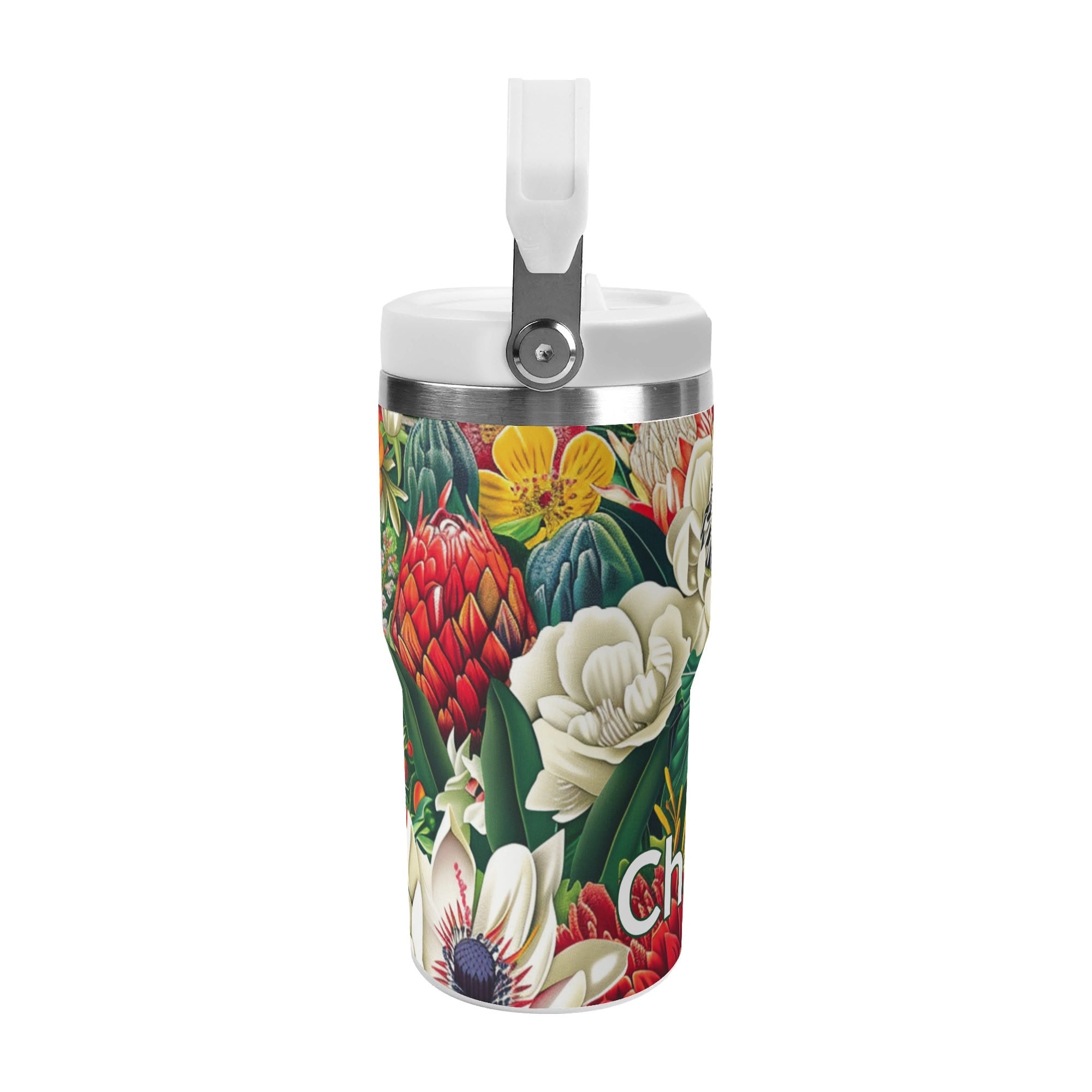Personalised Native Australian Flowers 20oz Stainless Steel Tumbler Screw On Lid With Straw Personalised 20oz Tumbler with Top Handle Plants Printed Offshore