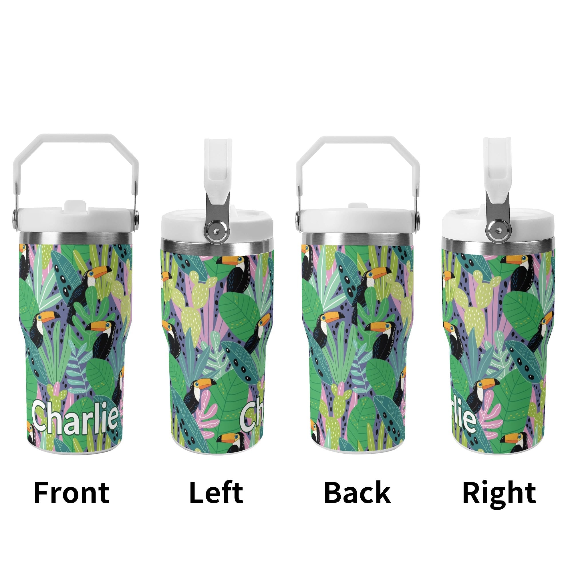 Personalised Bright Jungle Toucans 20oz Stainless Steel Tumbler Screw On Lid With Straw Personalised 20oz Tumbler with Top Handle animal Printed Offshore
