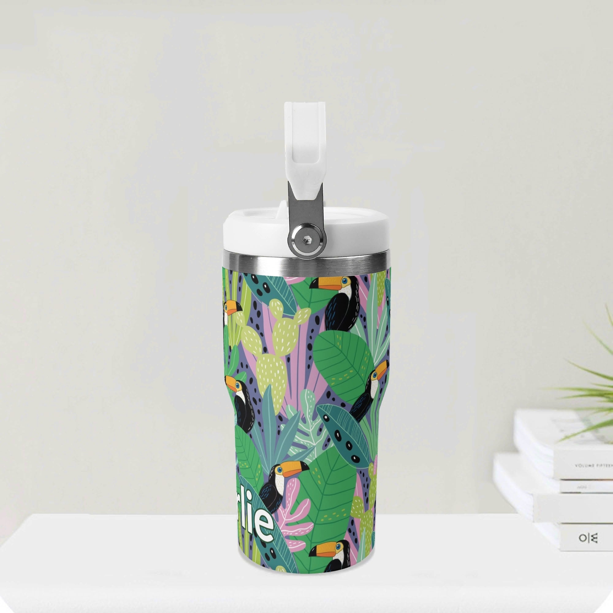 Personalised Bright Jungle Toucans 20oz Stainless Steel Tumbler Screw On Lid With Straw Personalised 20oz Tumbler with Top Handle animal Printed Offshore