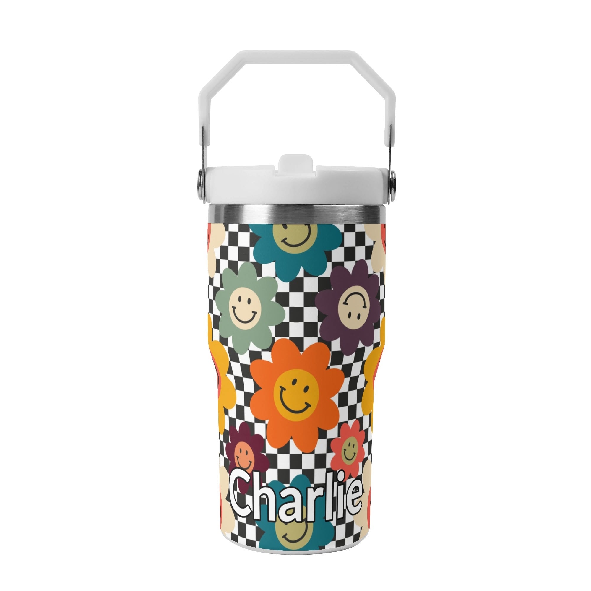 Personalised Happy Retro Flowers 20oz Stainless Steel Tumbler Screw On Lid With Straw Default Title Personalised 20oz Tumbler with Top Handle Printed Offshore Retro