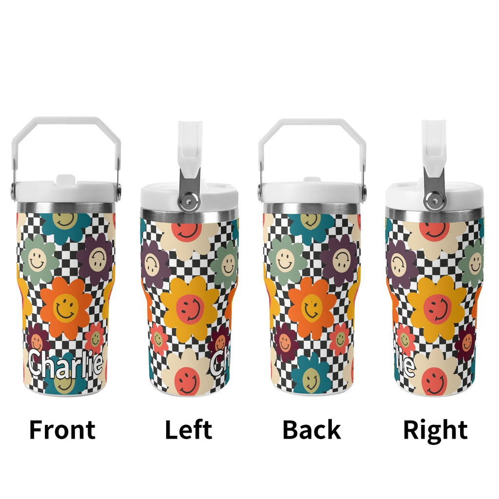 Personalised Happy Retro Flowers 20oz Stainless Steel Tumbler Screw On Lid With Straw Personalised 20oz Tumbler with Top Handle Printed Offshore Retro
