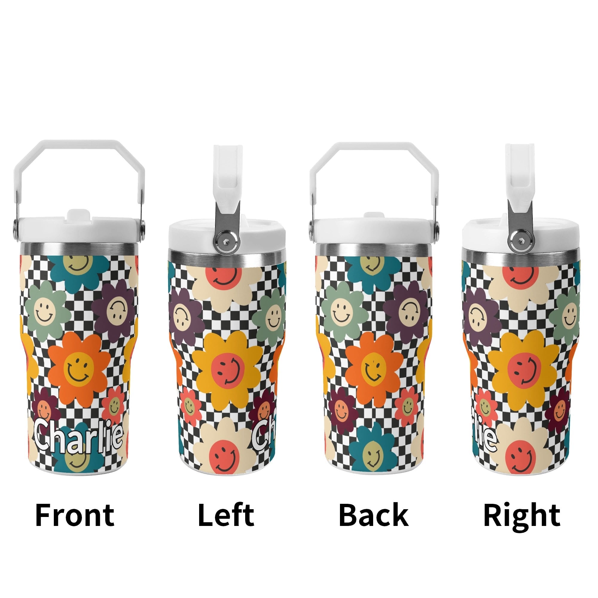 Personalised Happy Retro Flowers 20oz Stainless Steel Tumbler Screw On Lid With Straw Personalised 20oz Tumbler with Top Handle Printed Offshore Retro