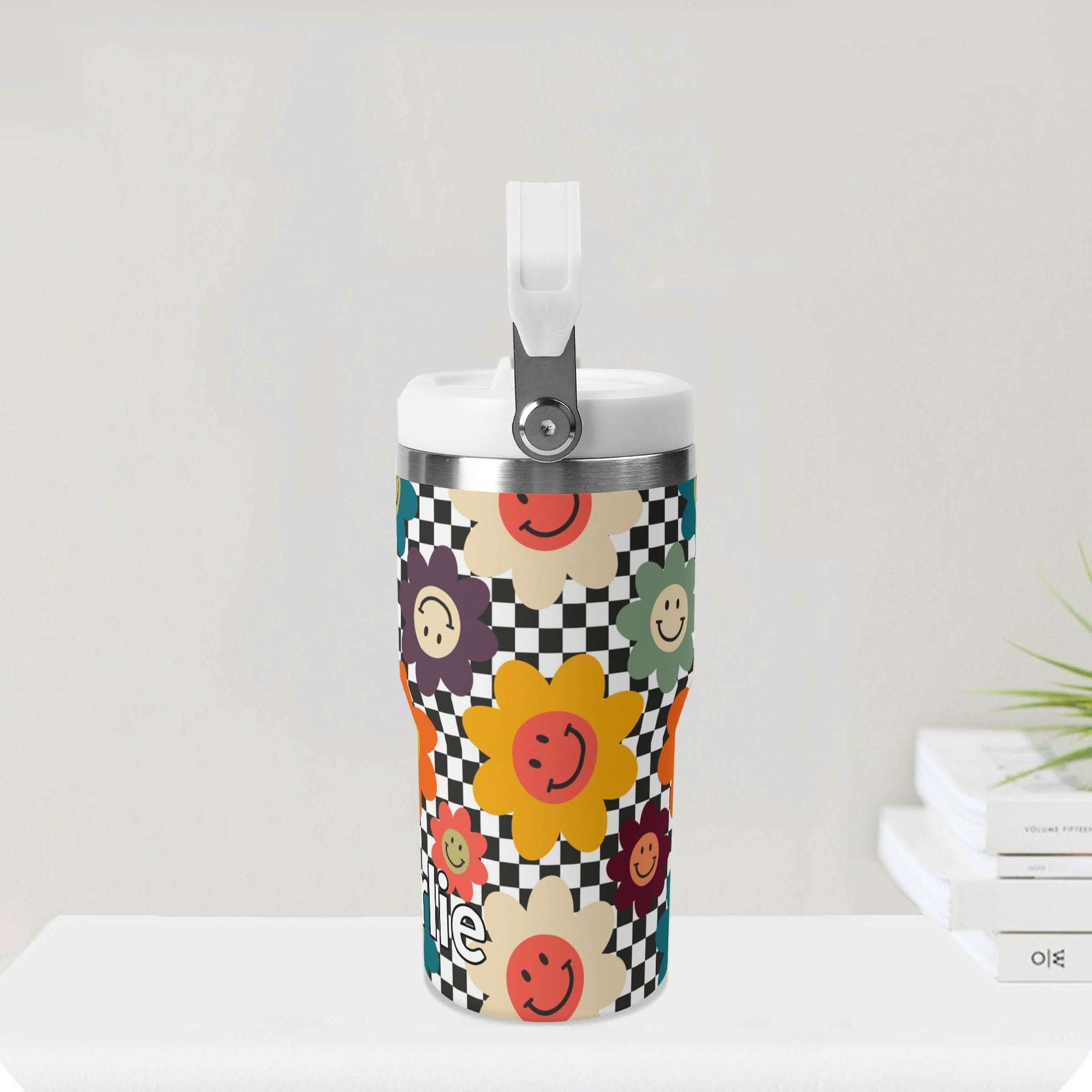 Personalised Happy Retro Flowers 20oz Stainless Steel Tumbler Screw On Lid With Straw Personalised 20oz Tumbler with Top Handle Printed Offshore Retro