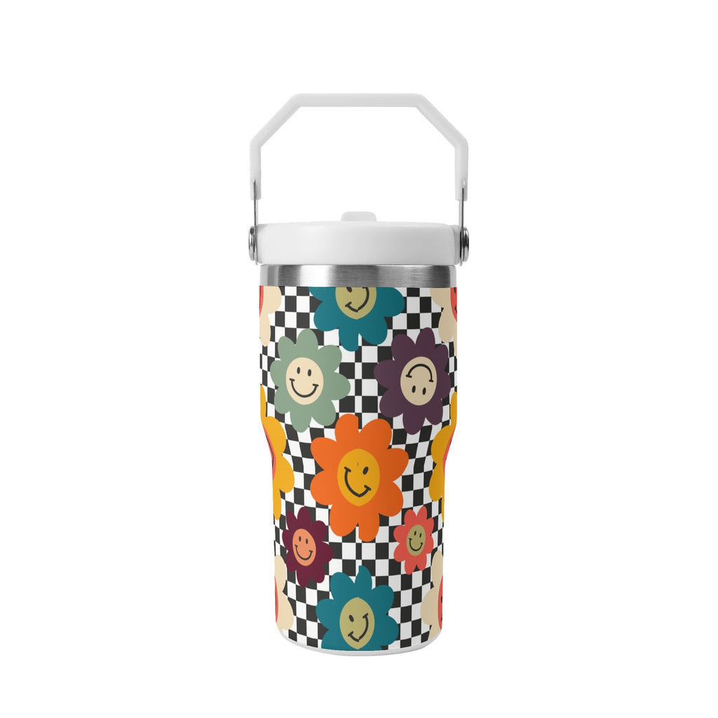 Personalised Happy Retro Flowers 20oz Stainless Steel Tumbler Screw On Lid With Straw Personalised 20oz Tumbler with Top Handle Printed Offshore Retro