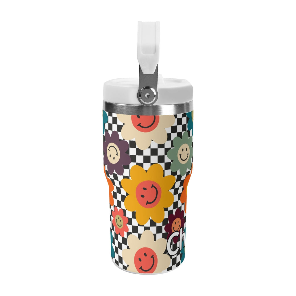 Personalised Happy Retro Flowers 20oz Stainless Steel Tumbler Screw On Lid With Straw Personalised 20oz Tumbler with Top Handle Printed Offshore Retro