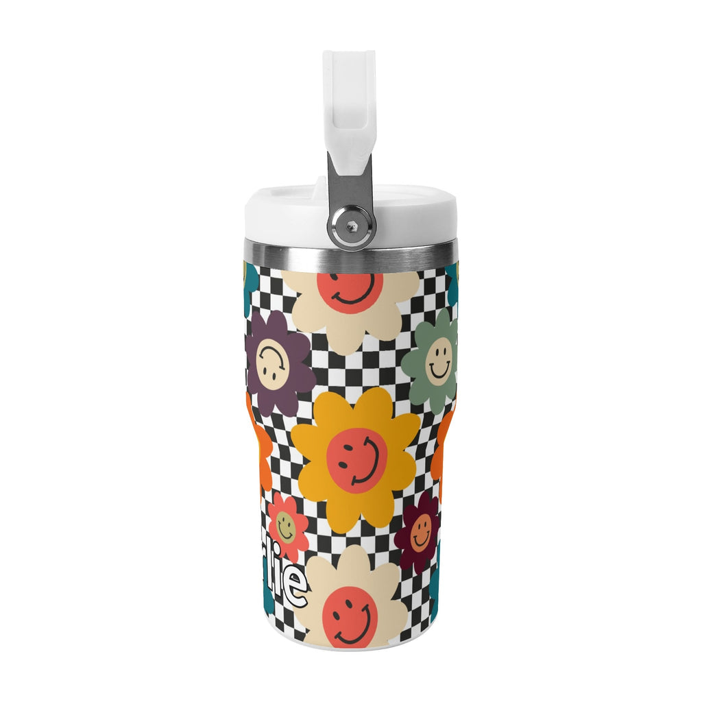 Personalised Happy Retro Flowers 20oz Stainless Steel Tumbler Screw On Lid With Straw Personalised 20oz Tumbler with Top Handle Printed Offshore Retro