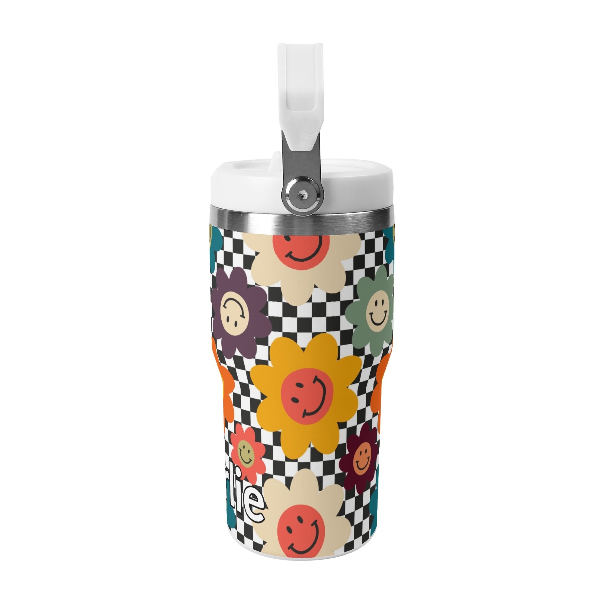 Personalised Happy Retro Flowers 20oz Stainless Steel Tumbler Screw On Lid With Straw Personalised 20oz Tumbler with Top Handle Printed Offshore Retro