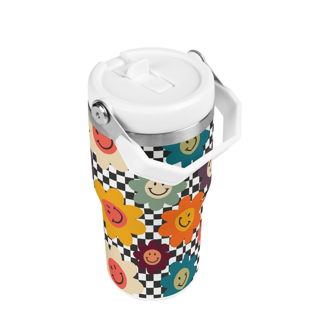 Personalised Happy Retro Flowers 20oz Stainless Steel Tumbler Screw On Lid With Straw Personalised 20oz Tumbler with Top Handle Printed Offshore Retro