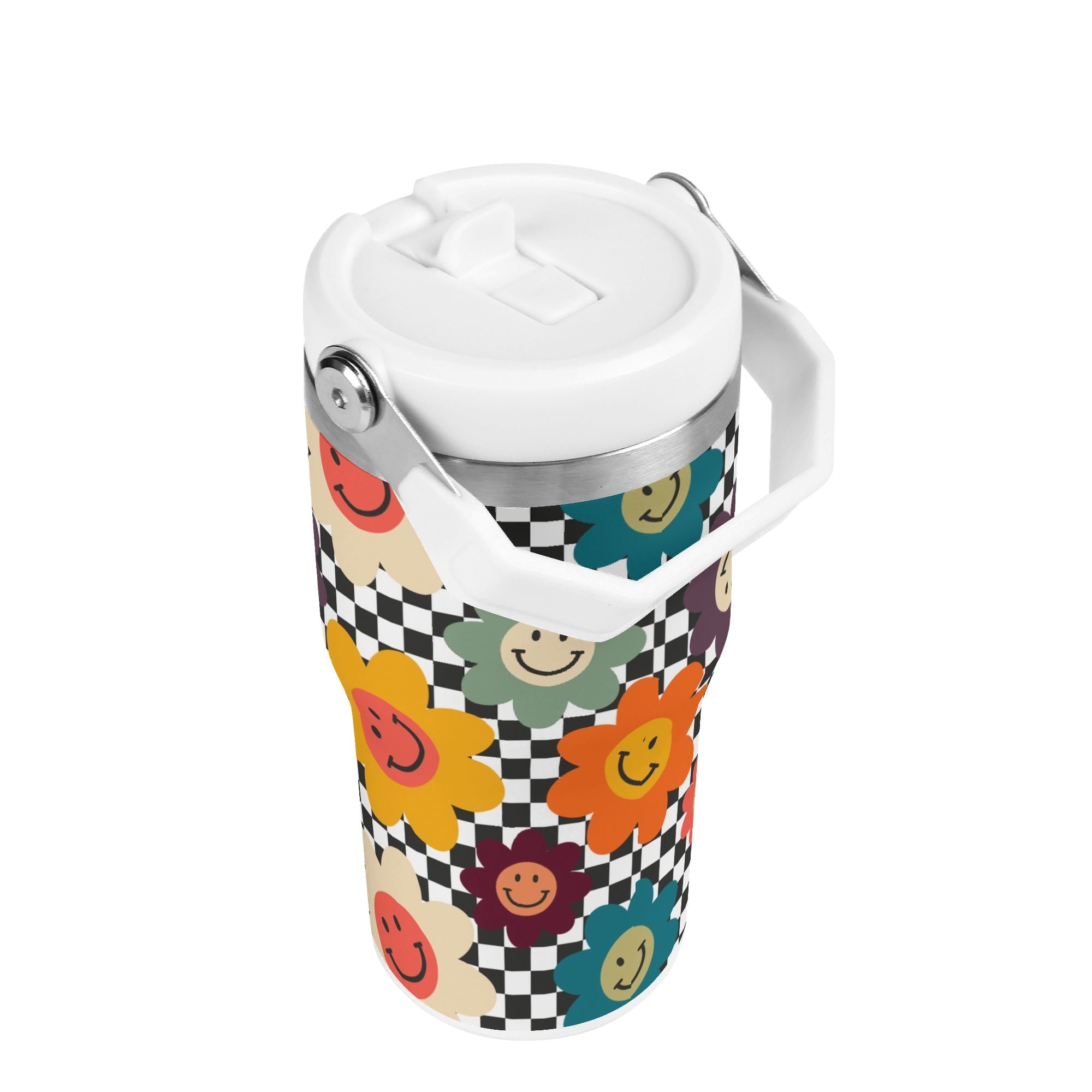Personalised Happy Retro Flowers 20oz Stainless Steel Tumbler Screw On Lid With Straw Personalised 20oz Tumbler with Top Handle Printed Offshore Retro