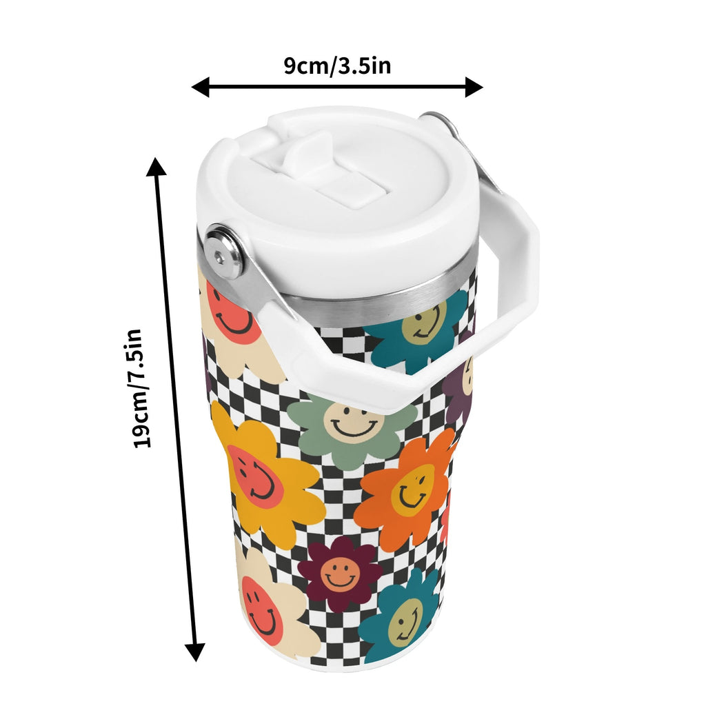 Personalised Happy Retro Flowers 20oz Stainless Steel Tumbler Screw On Lid With Straw Personalised 20oz Tumbler with Top Handle Printed Offshore Retro
