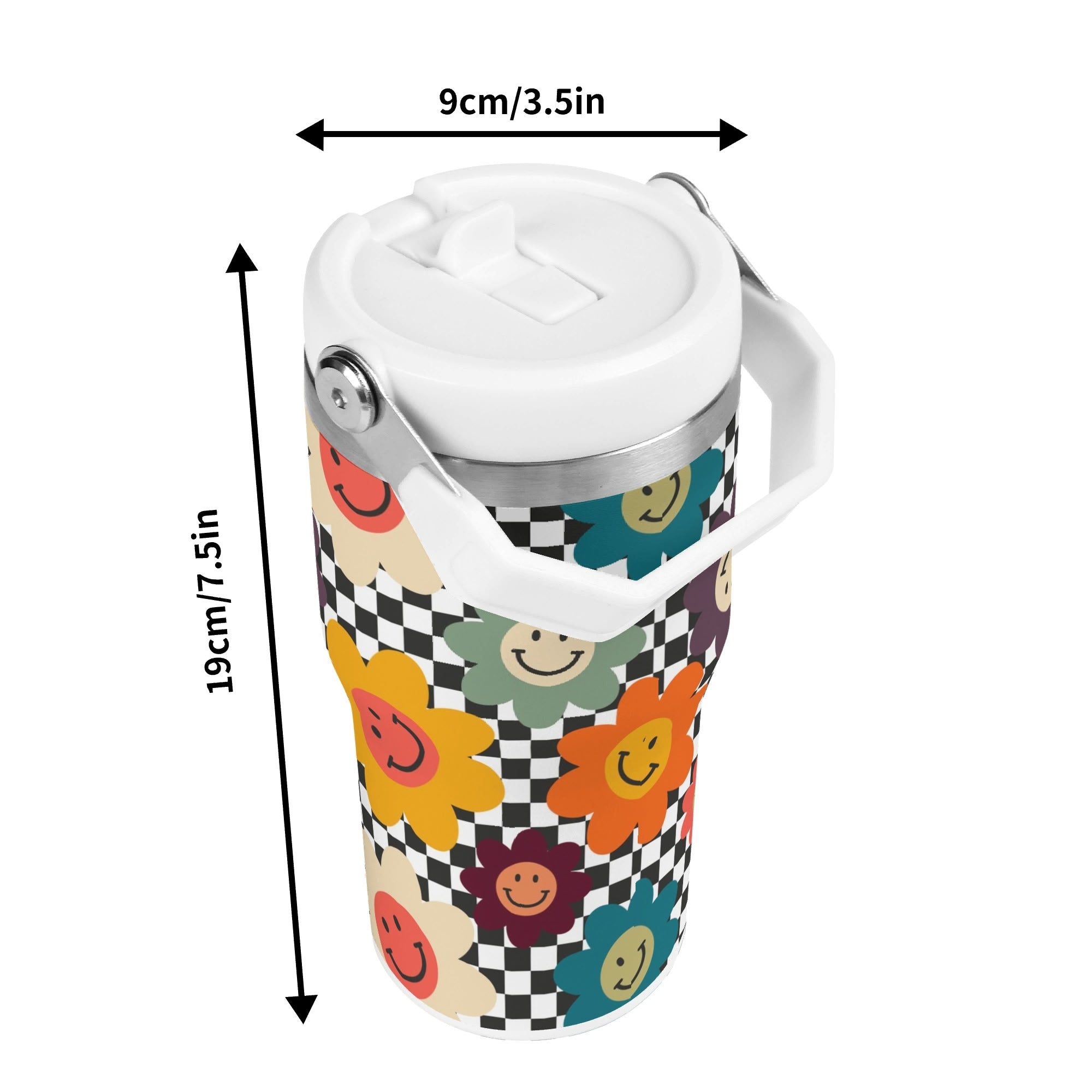 Personalised Happy Retro Flowers 20oz Stainless Steel Tumbler Screw On Lid With Straw Personalised 20oz Tumbler with Top Handle Printed Offshore Retro