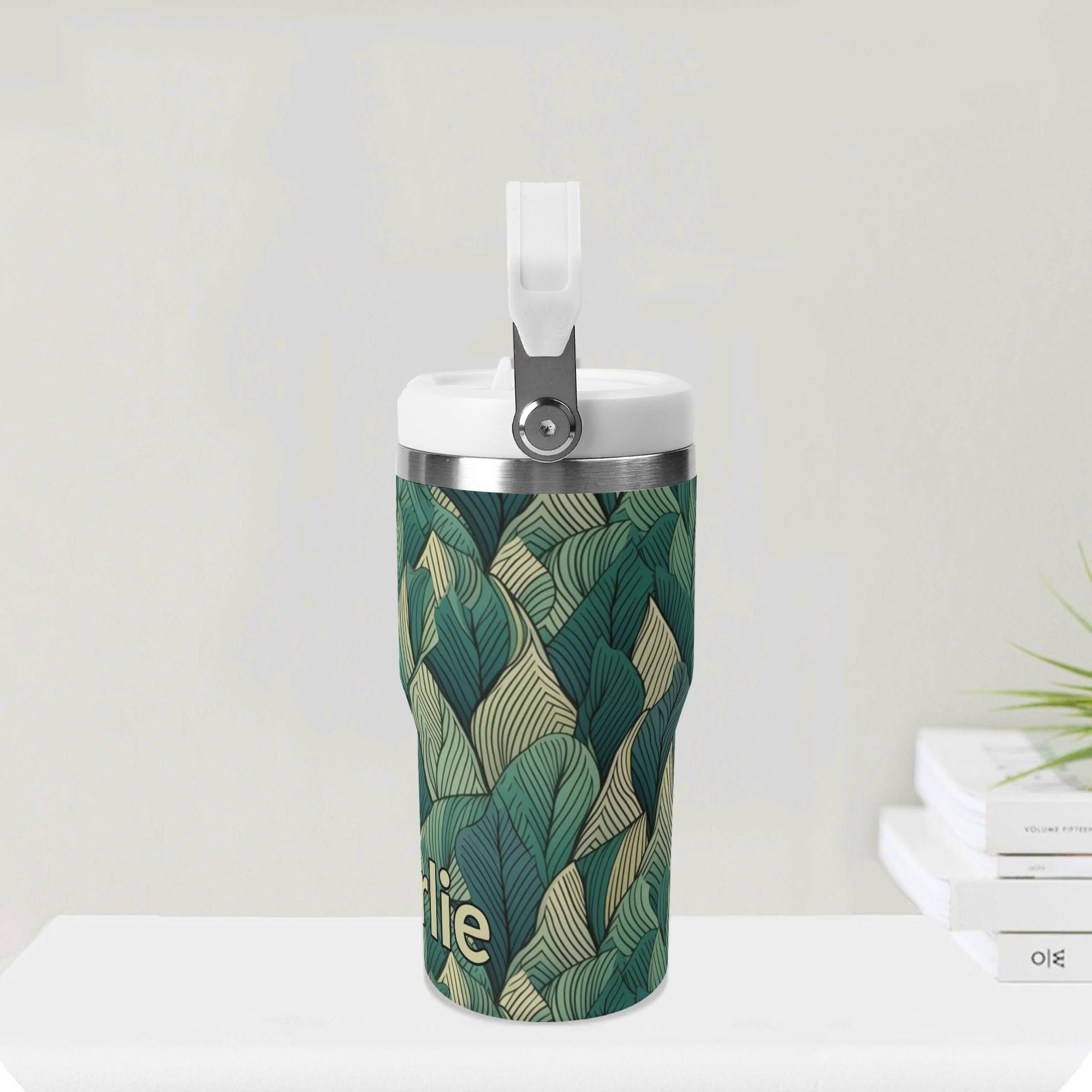 Personalised Leaves On Leaves 20oz Stainless Steel Tumbler Screw On Lid With Straw Personalised 20oz Tumbler with Top Handle Plants Printed Offshore
