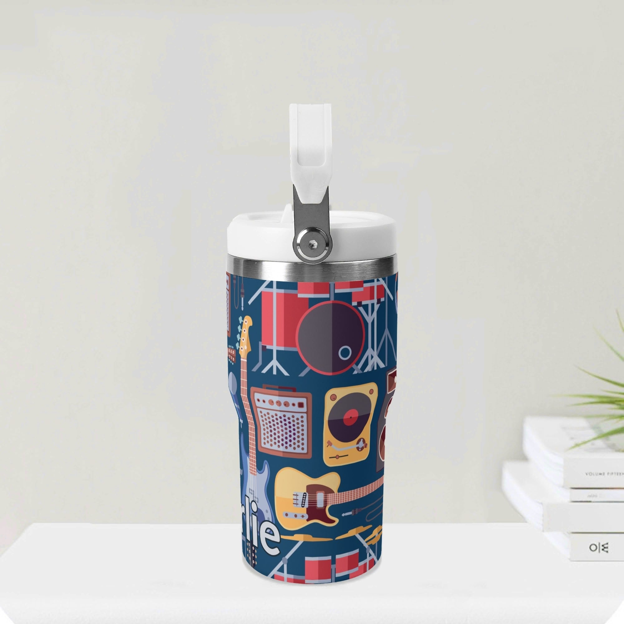 Personalised Music Instruments 20oz Stainless Steel Tumbler Screw On Lid With Straw Personalised 20oz Tumbler with Top Handle Music Printed Offshore