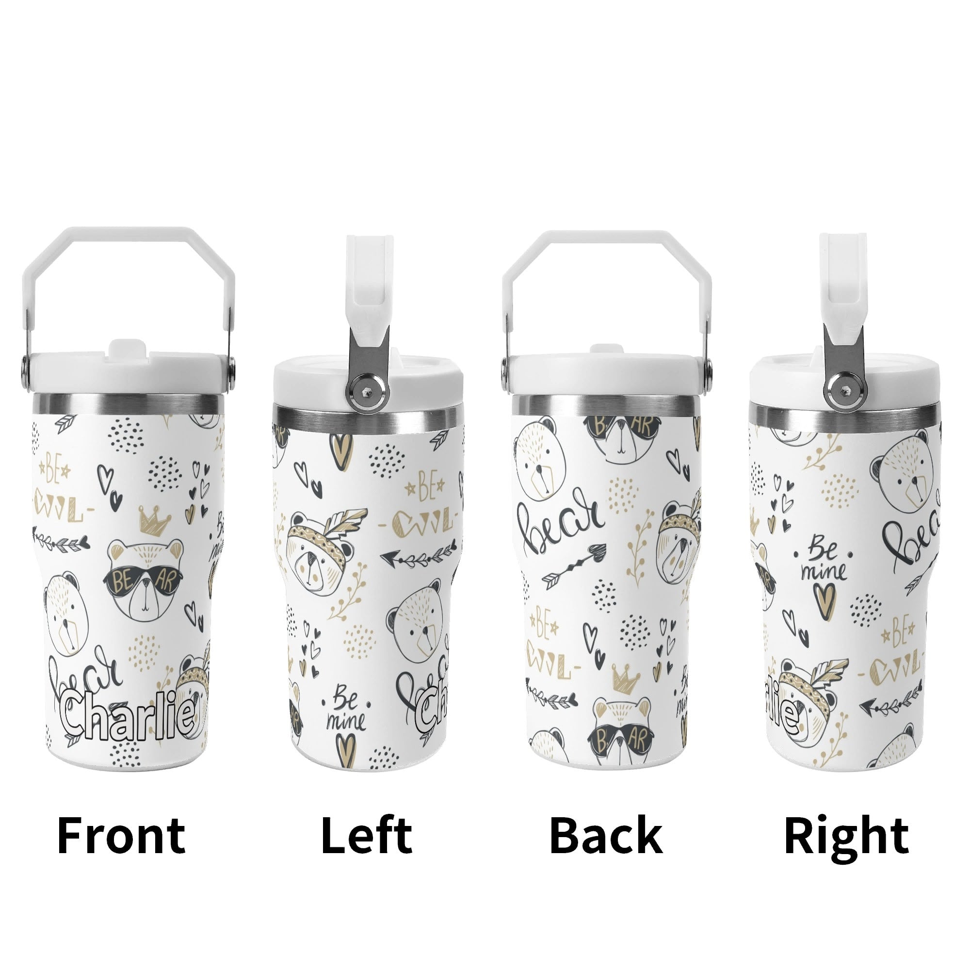 Personalised Bears 20oz Stainless Steel Tumbler Screw On Lid With Straw Personalised 20oz Tumbler with Top Handle animal Printed Offshore