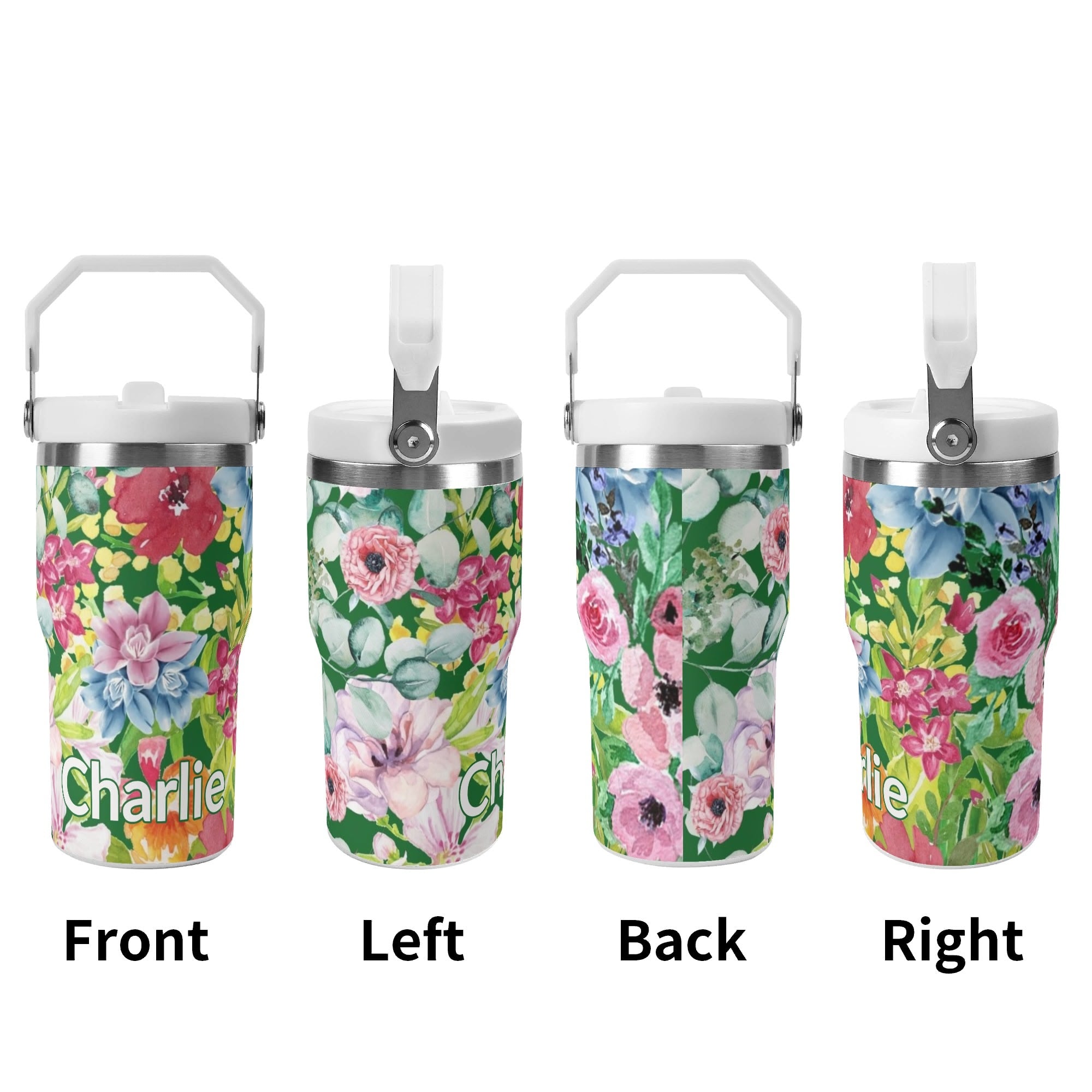 Personalised Bright Floral 20oz Stainless Steel Tumbler Screw On Lid With Straw Personalised 20oz Tumbler with Top Handle Plants Printed Offshore