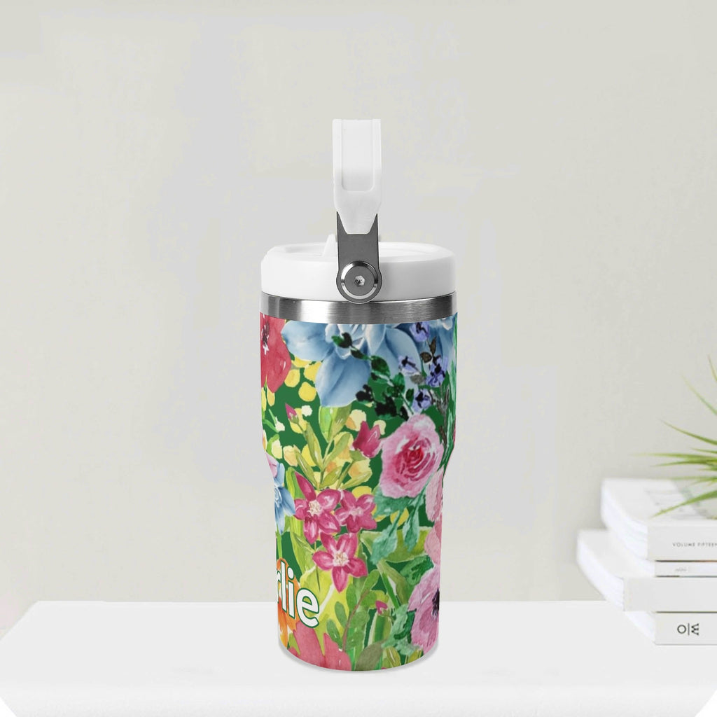Personalised Bright Floral 20oz Stainless Steel Tumbler Screw On Lid With Straw Personalised 20oz Tumbler with Top Handle Plants Printed Offshore