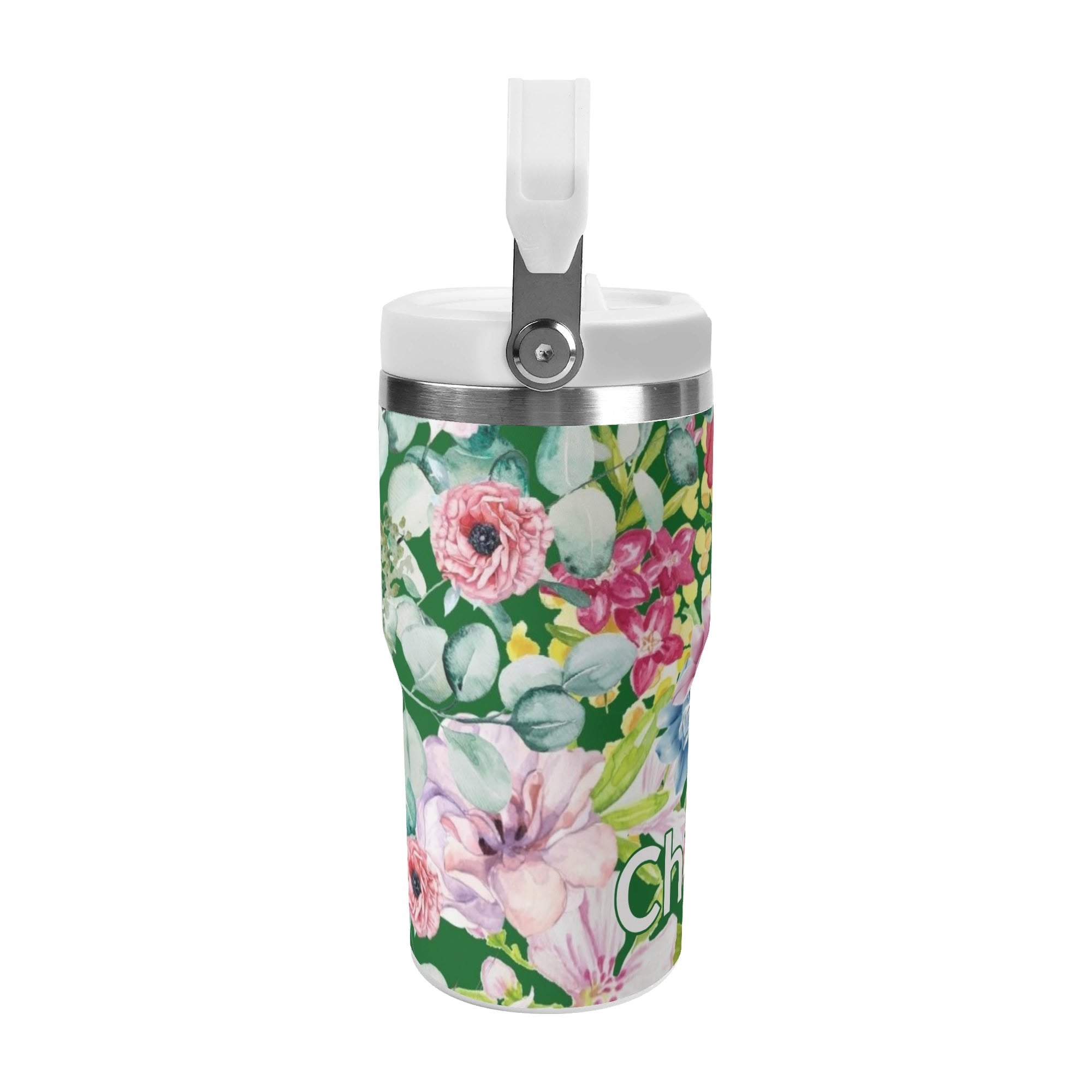 Personalised Bright Floral 20oz Stainless Steel Tumbler Screw On Lid With Straw Personalised 20oz Tumbler with Top Handle Plants Printed Offshore