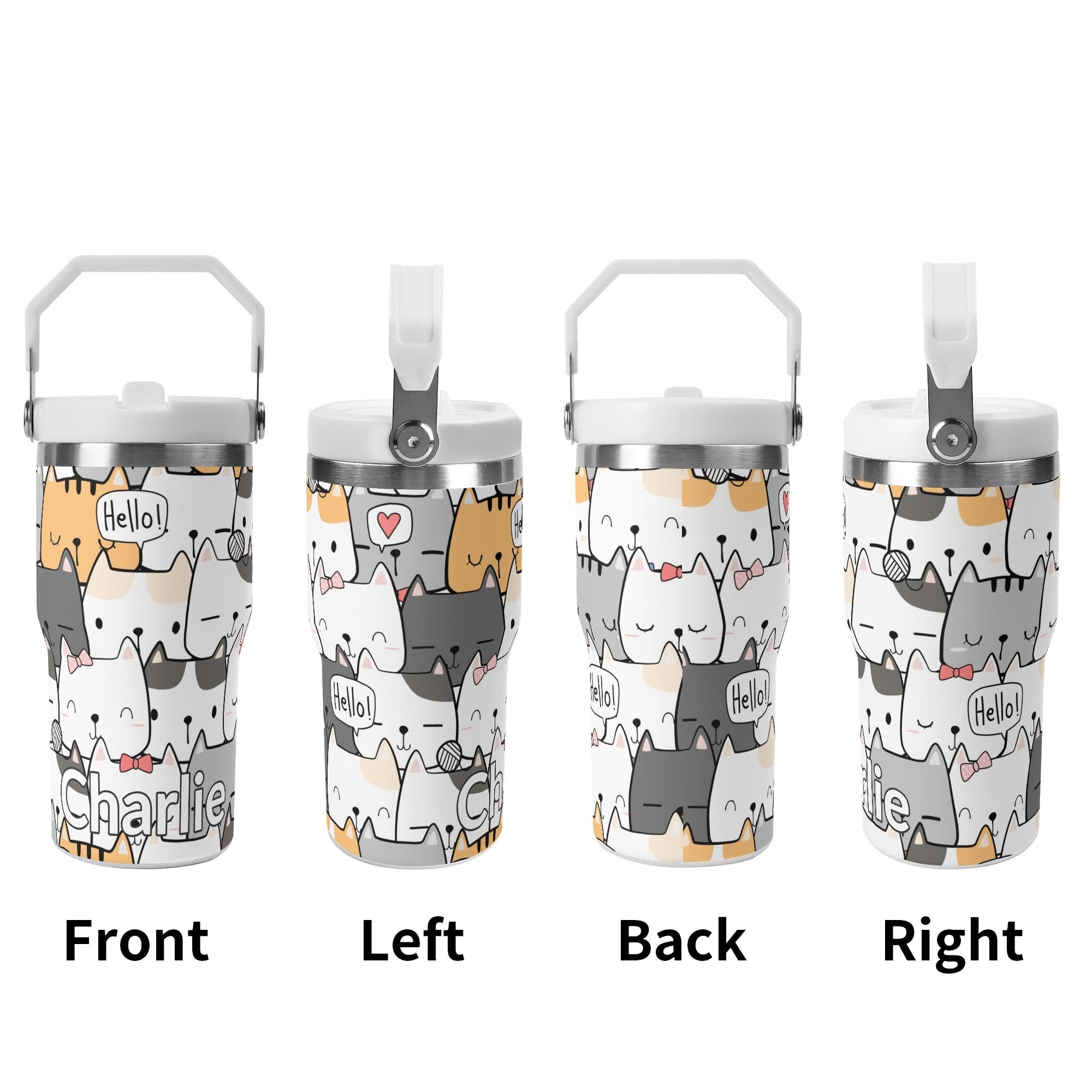 Personalised Cat Hello 20oz Stainless Steel Tumbler Screw On Lid With Straw Personalised 20oz Tumbler with Top Handle animal Printed Offshore