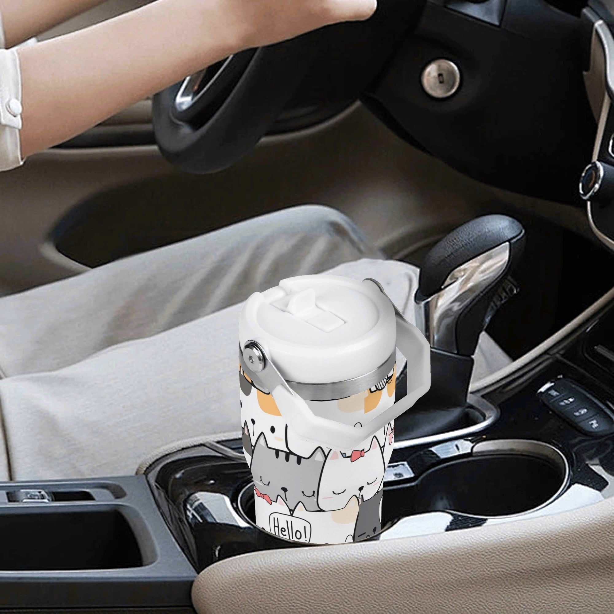 Personalised - Cat Hello - 20oz Stainless Steel Tumbler Screw On Lid With Straw Personalised 20oz Tumbler with Top Handle animal Printed Offshore