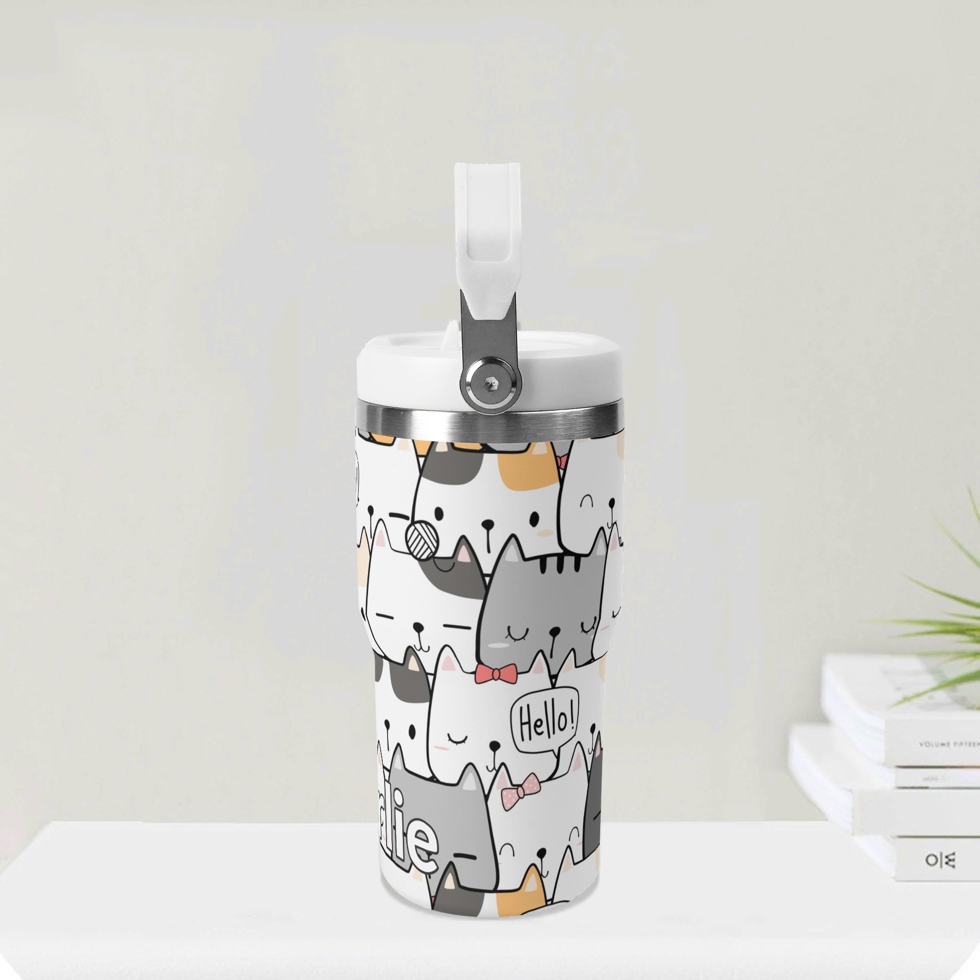 Personalised - Cat Hello - 20oz Stainless Steel Tumbler Screw On Lid With Straw Personalised 20oz Tumbler with Top Handle animal Printed Offshore