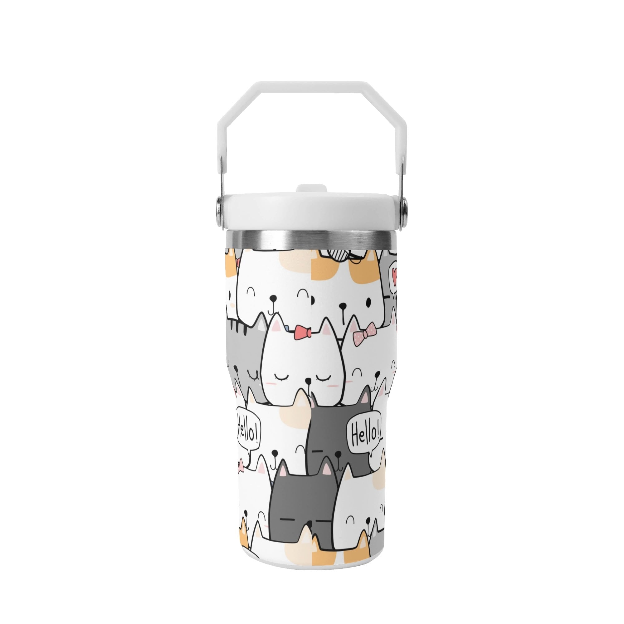 Personalised - Cat Hello - 20oz Stainless Steel Tumbler Screw On Lid With Straw Personalised 20oz Tumbler with Top Handle animal Printed Offshore