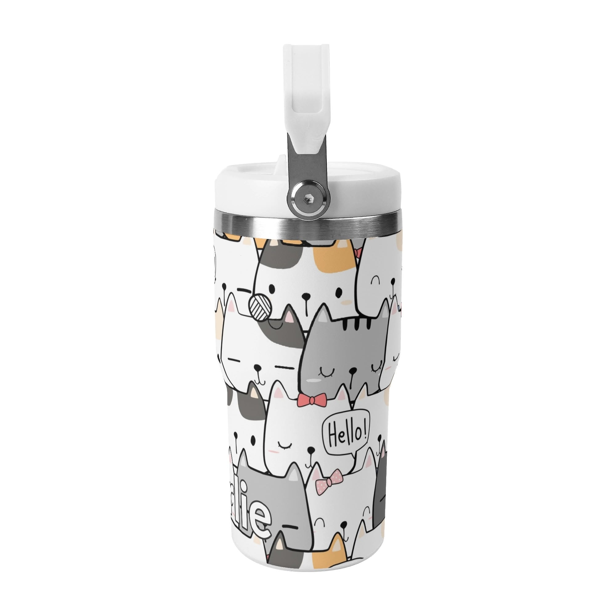 Personalised Cat Hello 20oz Stainless Steel Tumbler Screw On Lid With Straw Personalised 20oz Tumbler with Top Handle animal Printed Offshore