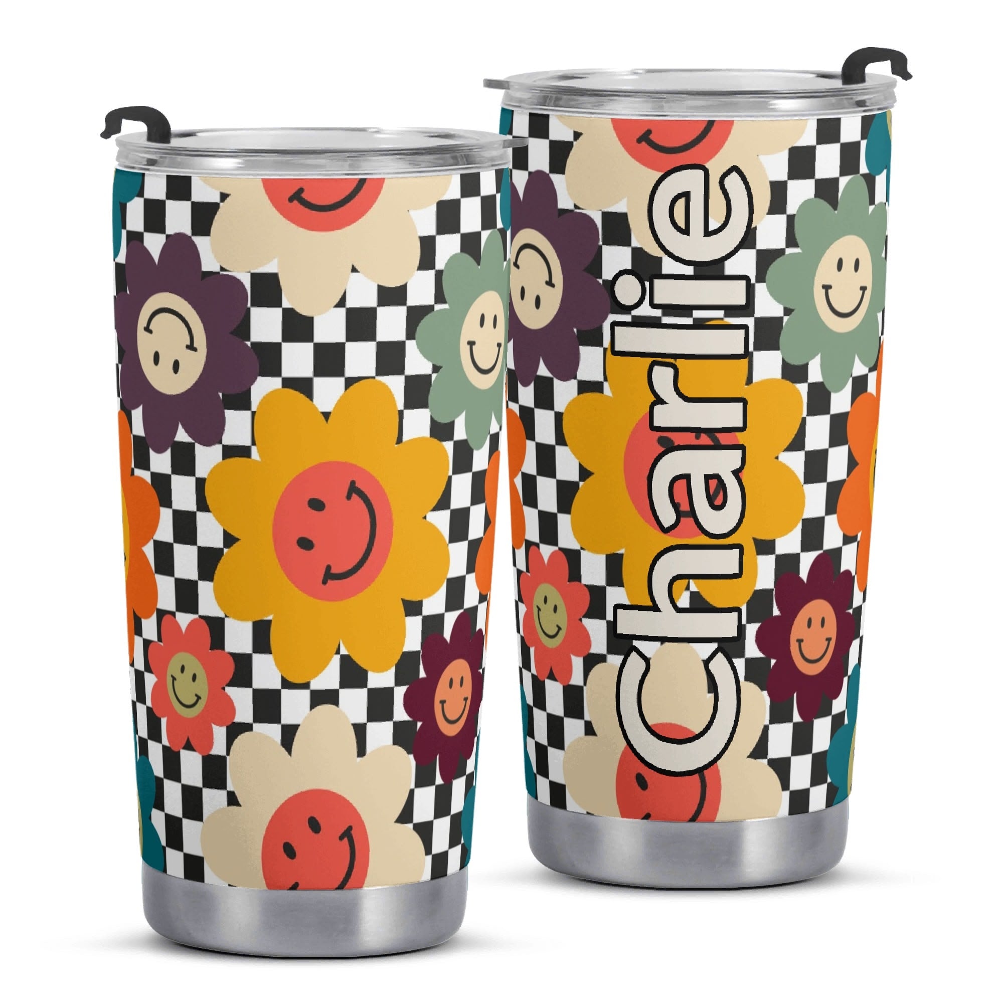Personalised - Happy Retro Flowers - Stainless Steel 20oz Travel Mug Personalised 20oz Travel Mug Printed Offshore Retro