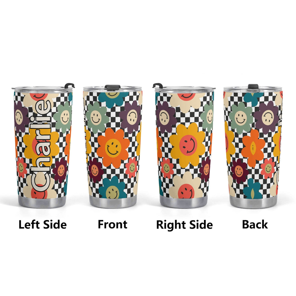 Personalised Happy Retro Flowers Stainless Steel 20oz Travel Mug Personalised 20oz Travel Mug Printed Offshore Retro
